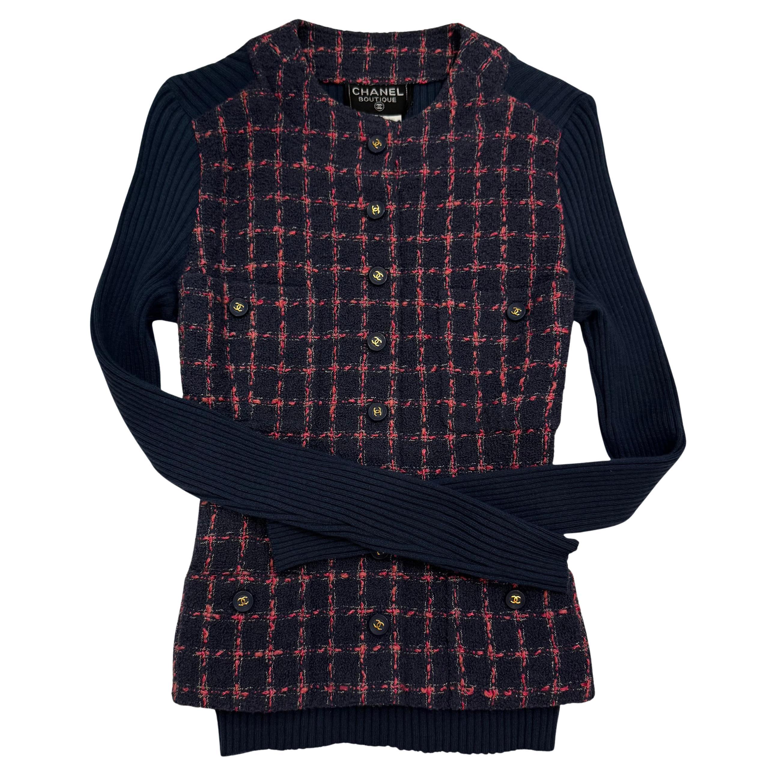 1995 CHANEL Marineblaues Tweed-Wollkleid FR38 Geändert im Angebot