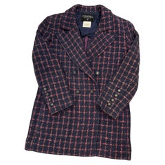 1995 Chanel Giacca doppiopetto di media lunghezza in tweed rosa navy FR38