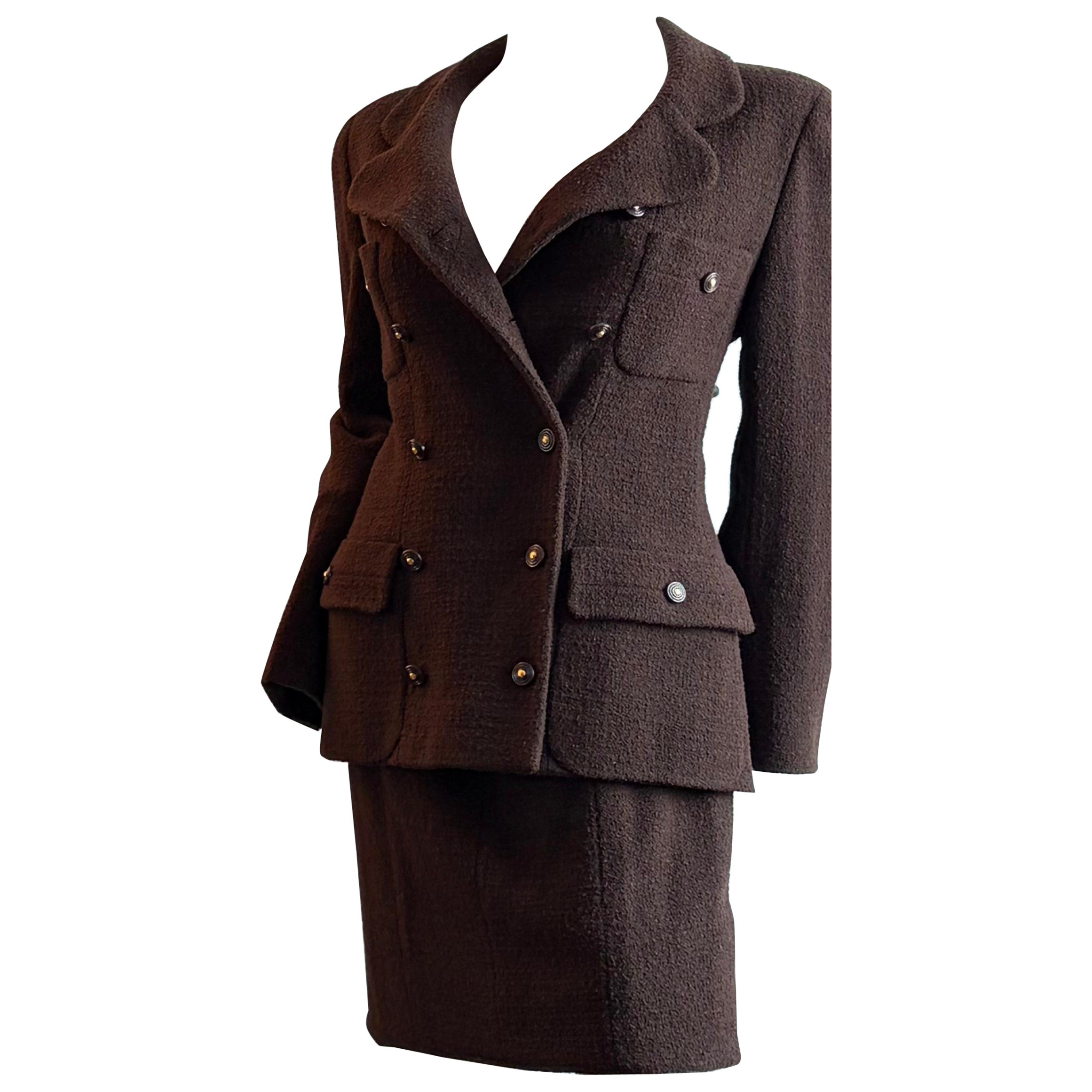 Pre-owned Chanel 1995  Vintage Runway Archival Chocolate Brown Tweed Boucle Suit Collection