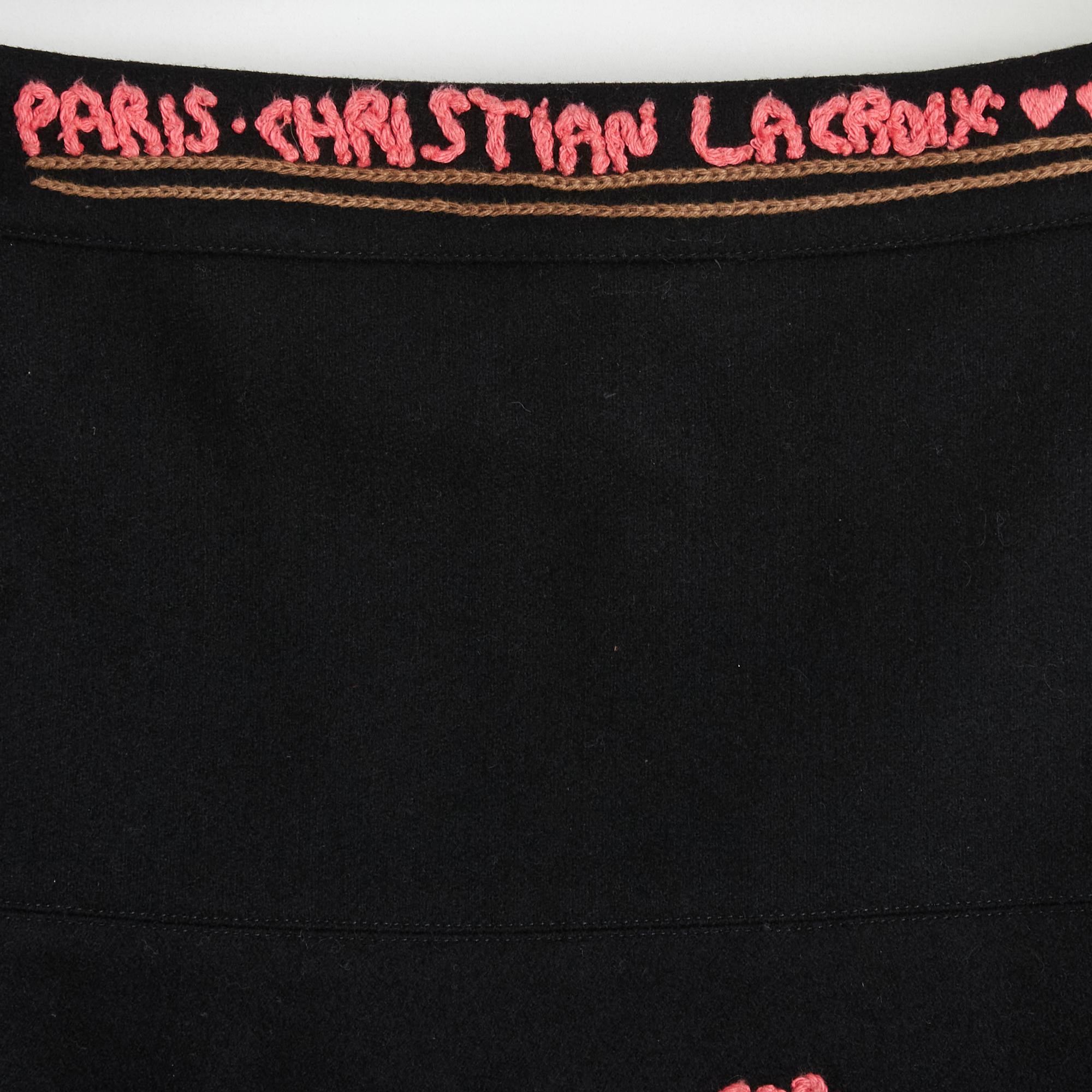 1995 Christian Lacroix Skirt FR40 Black Wool Script For Sale 2