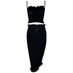 1995 Dolce & Gabbana Black Knit Ruffles Crop Top High Waist Skirt Set