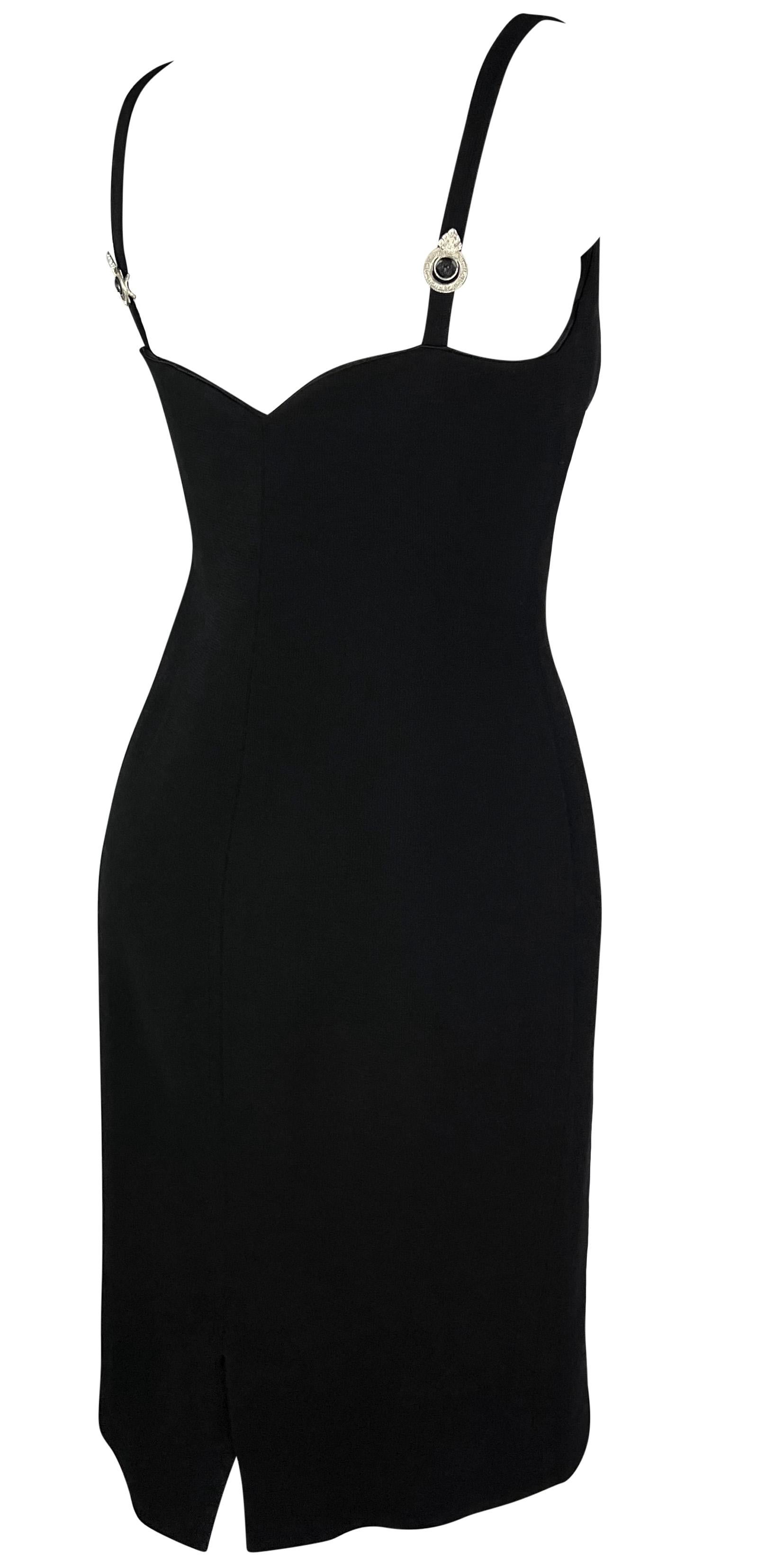 1995 Gianni Versace Black Sweetheart Neckline Rhinestone Medusa Black Dress For Sale 7