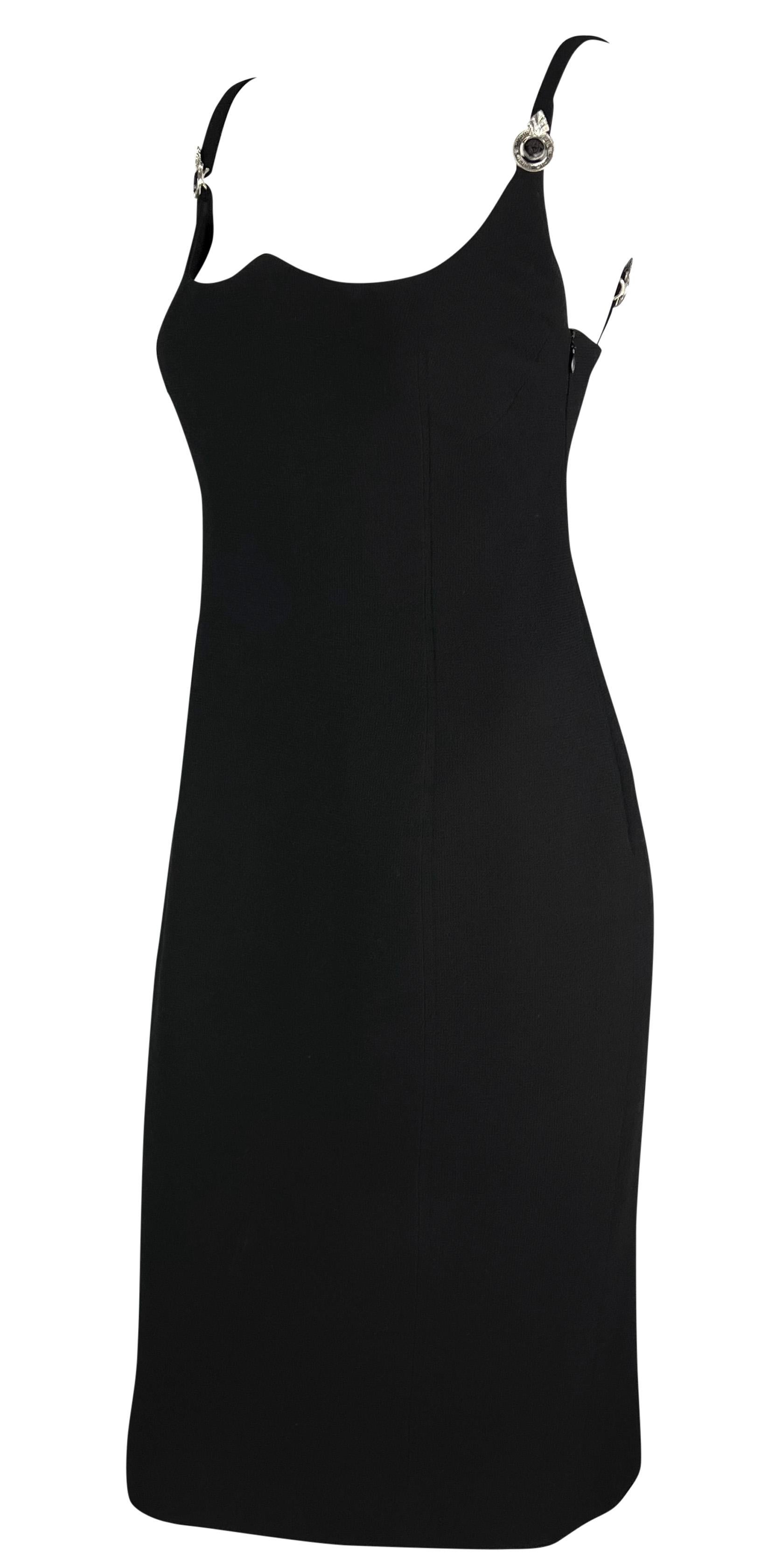 1995 Gianni Versace Black Sweetheart Neckline Rhinestone Medusa Black Dress For Sale 11