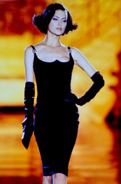 1995 Gianni Versace Black Sweetheart Neckline Rhinestone Medusa Black Dress