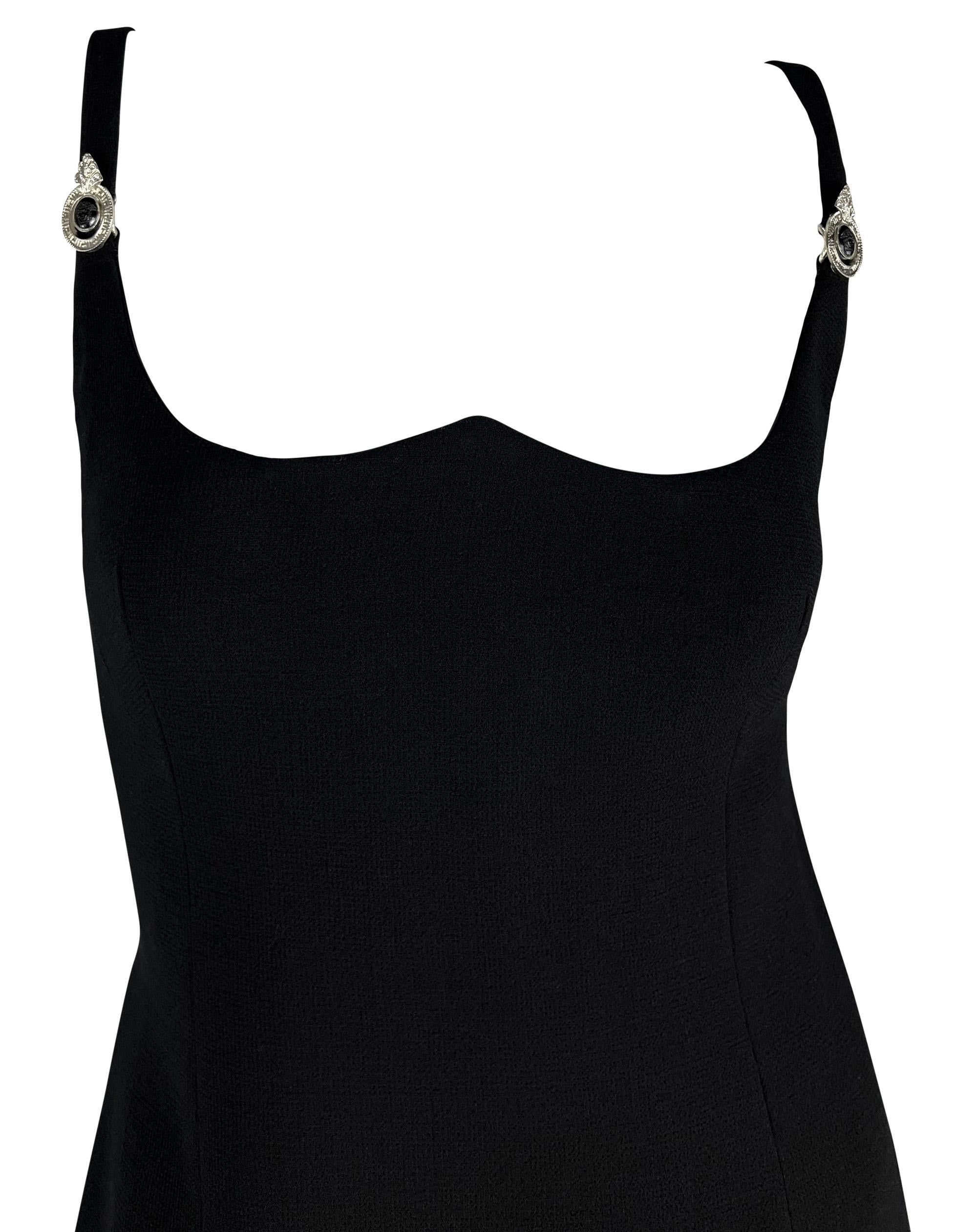 Women's 1995 Gianni Versace Black Sweetheart Neckline Rhinestone Medusa Black Dress For Sale