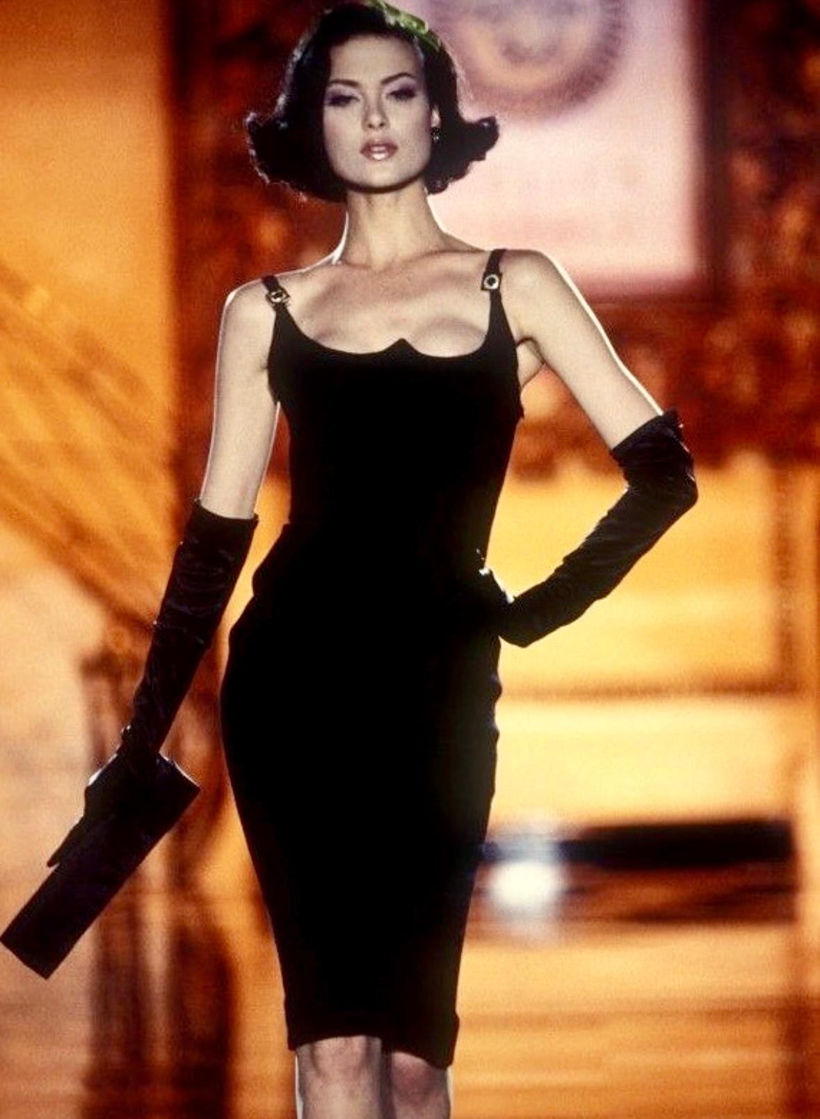 1995 Gianni Versace Black Sweetheart Neckline Rhinestone Medusa Black Dress For Sale 4