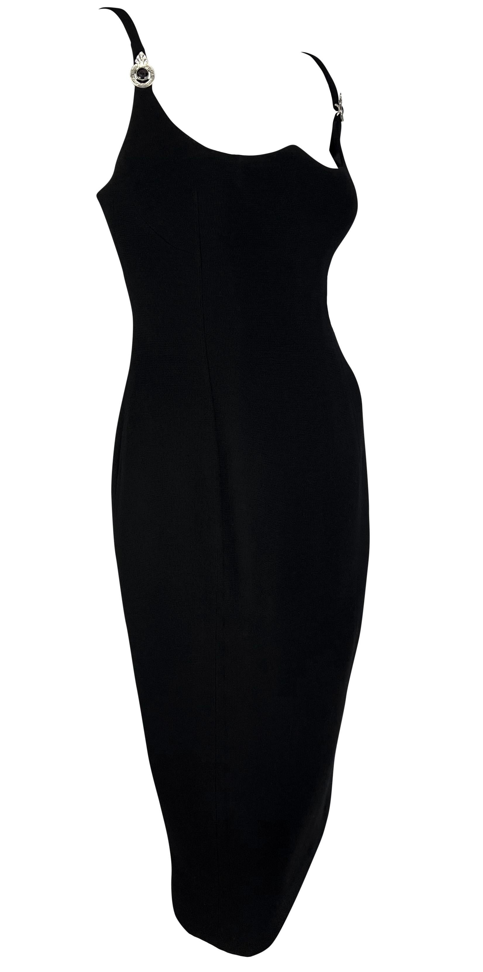1995 Gianni Versace Black Sweetheart Neckline Rhinestone Medusa Black Dress For Sale 6