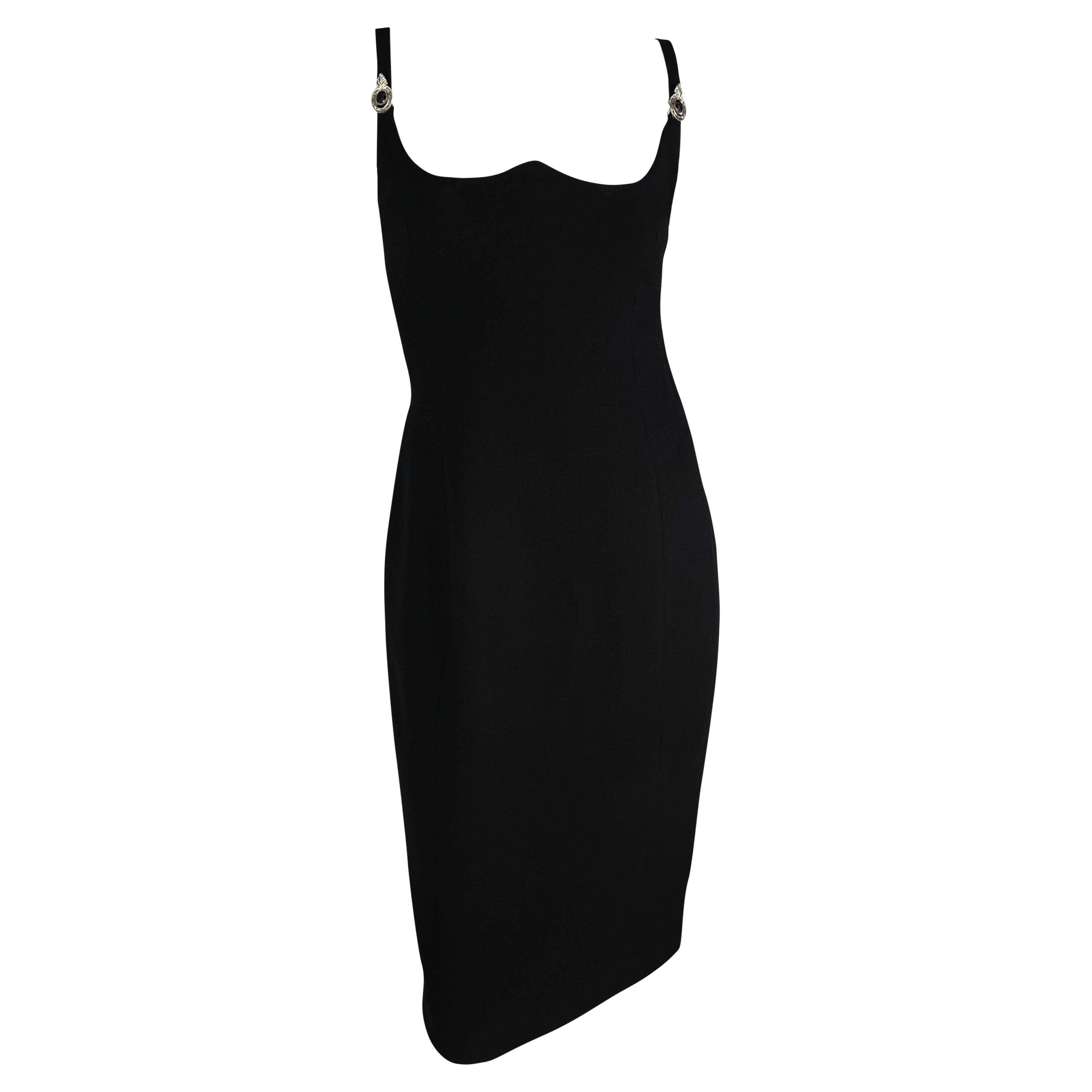 1995 Gianni Versace Black Sweetheart Neckline Rhinestone Medusa Black Dress For Sale