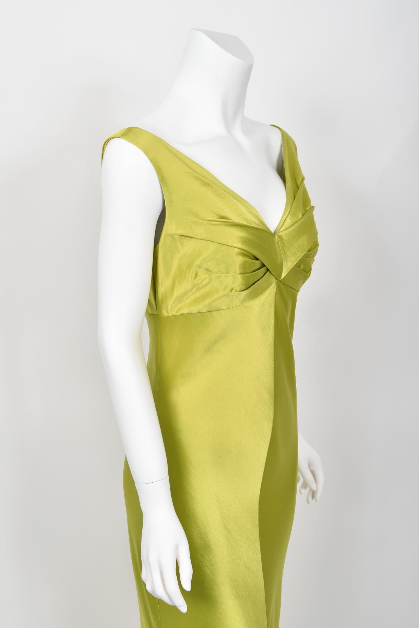 1995 Gianni Versace Couture Documented Runway Chartreuse Silk Off-Shoulder Gown For Sale 8