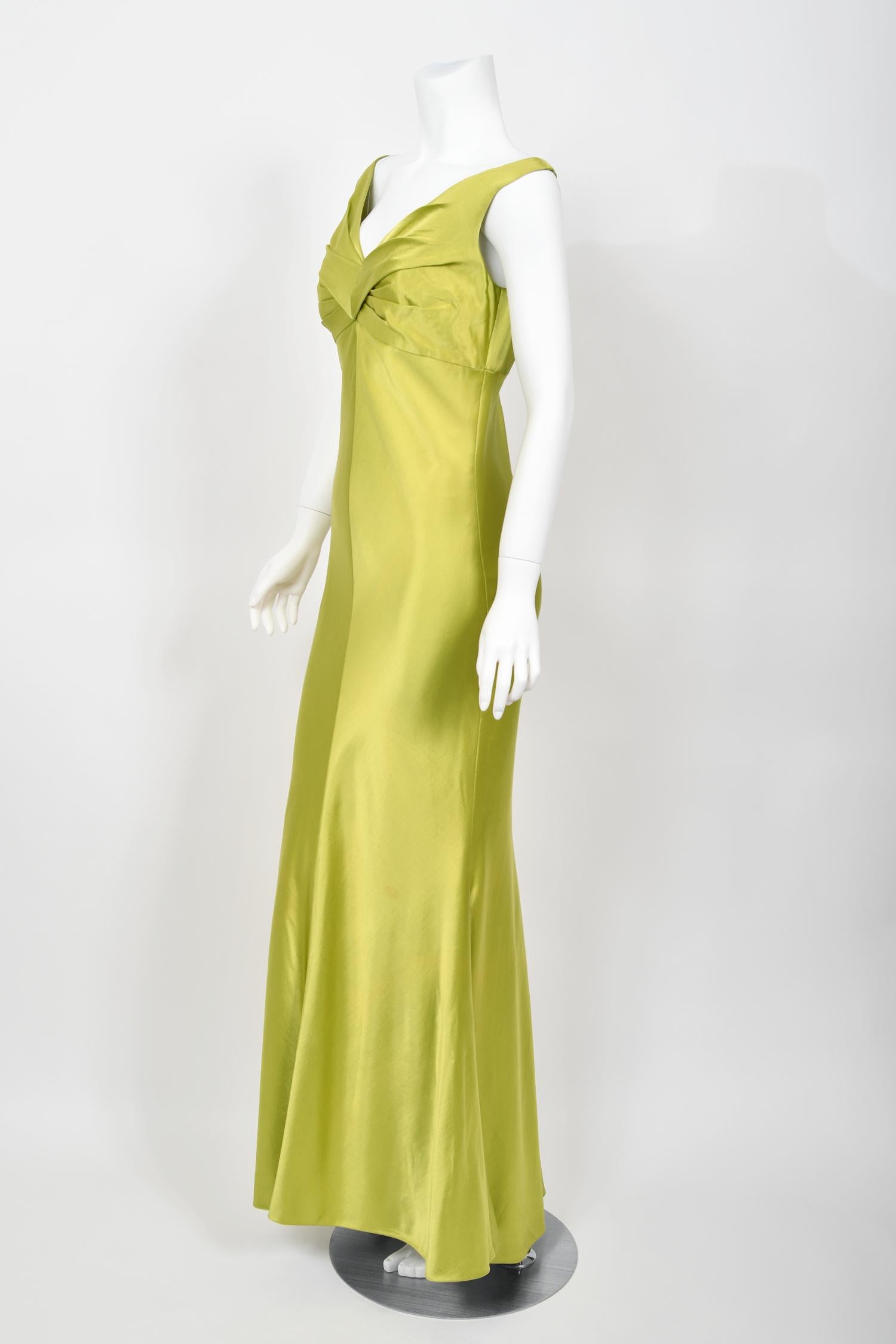 1995 Gianni Versace Couture Documented Runway Chartreuse Silk Off-Shoulder Gown For Sale 9