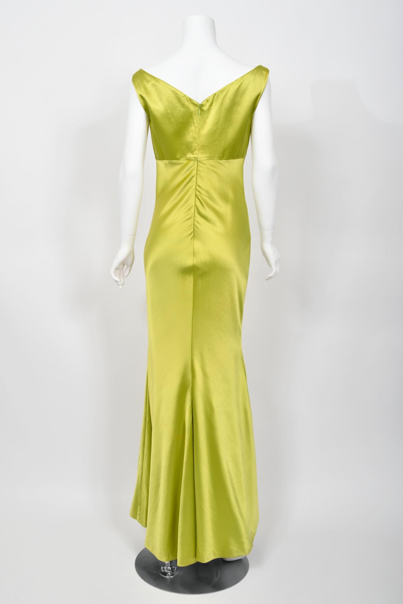 1995 Gianni Versace Couture Documented Runway Chartreuse Silk Off-Shoulder Gown For Sale 13