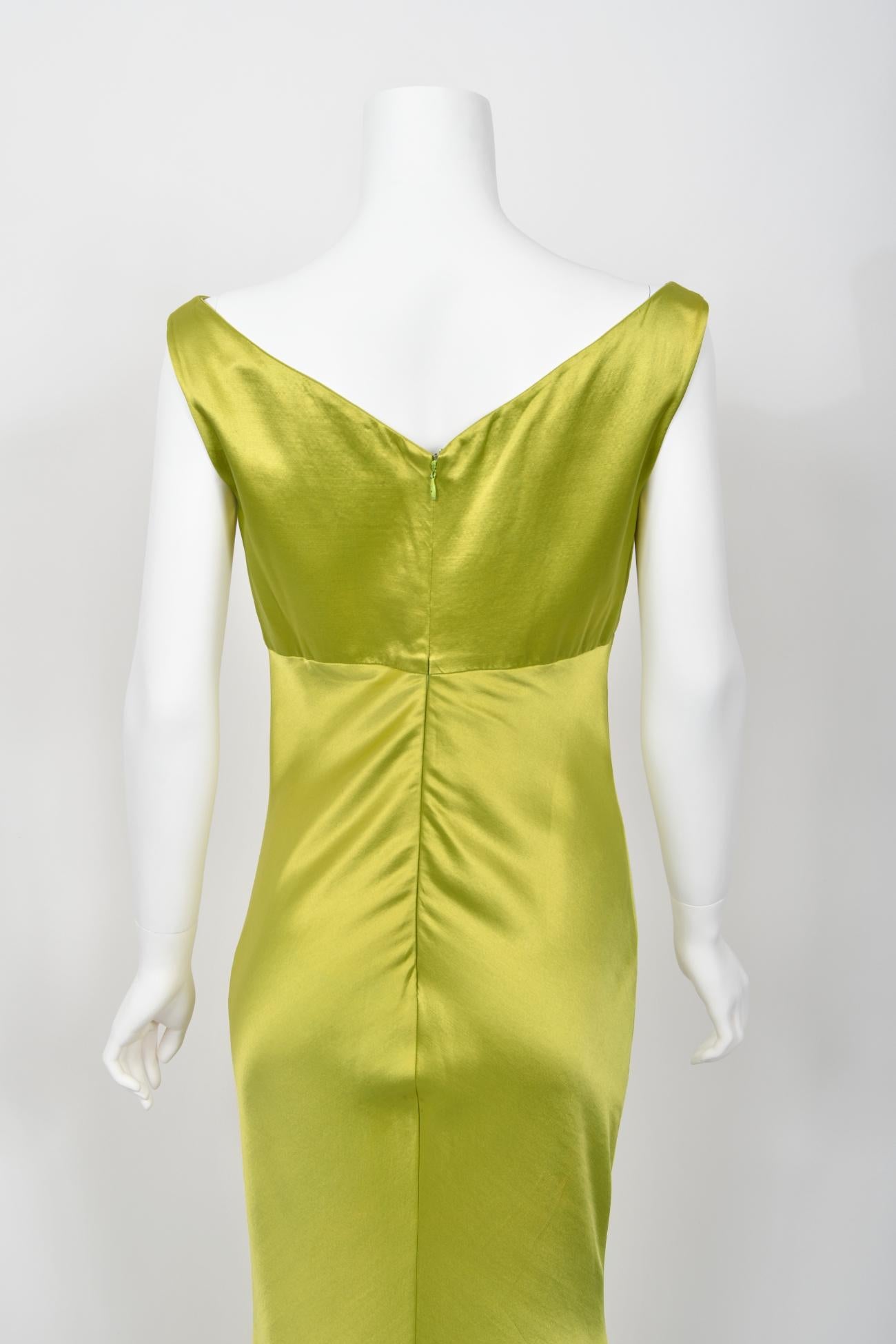 1995 Gianni Versace Couture Documented Runway Chartreuse Silk Off-Shoulder Gown For Sale 14
