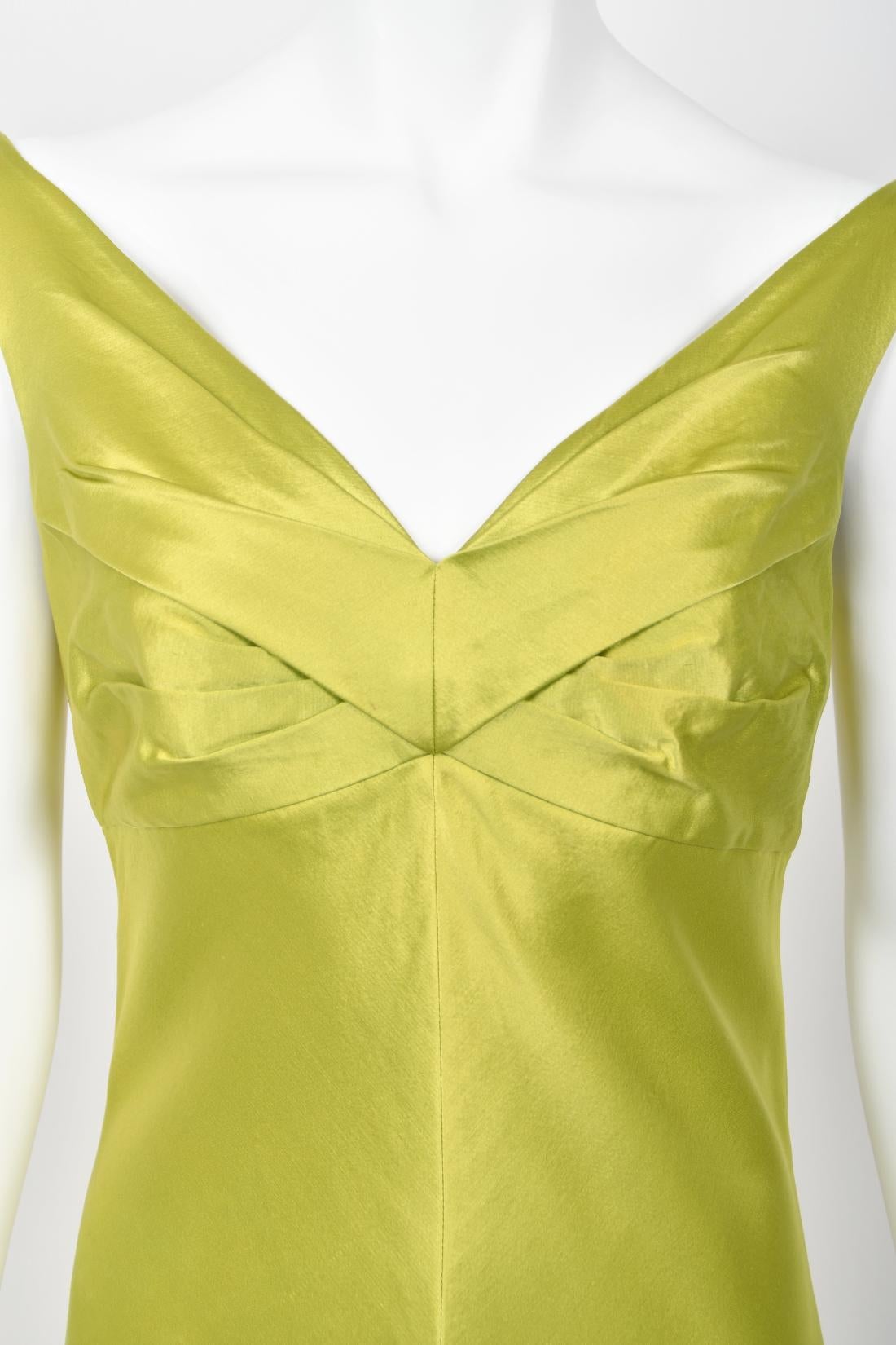 1995 Gianni Versace Couture Documented Runway Chartreuse Silk Off-Shoulder Gown For Sale 5