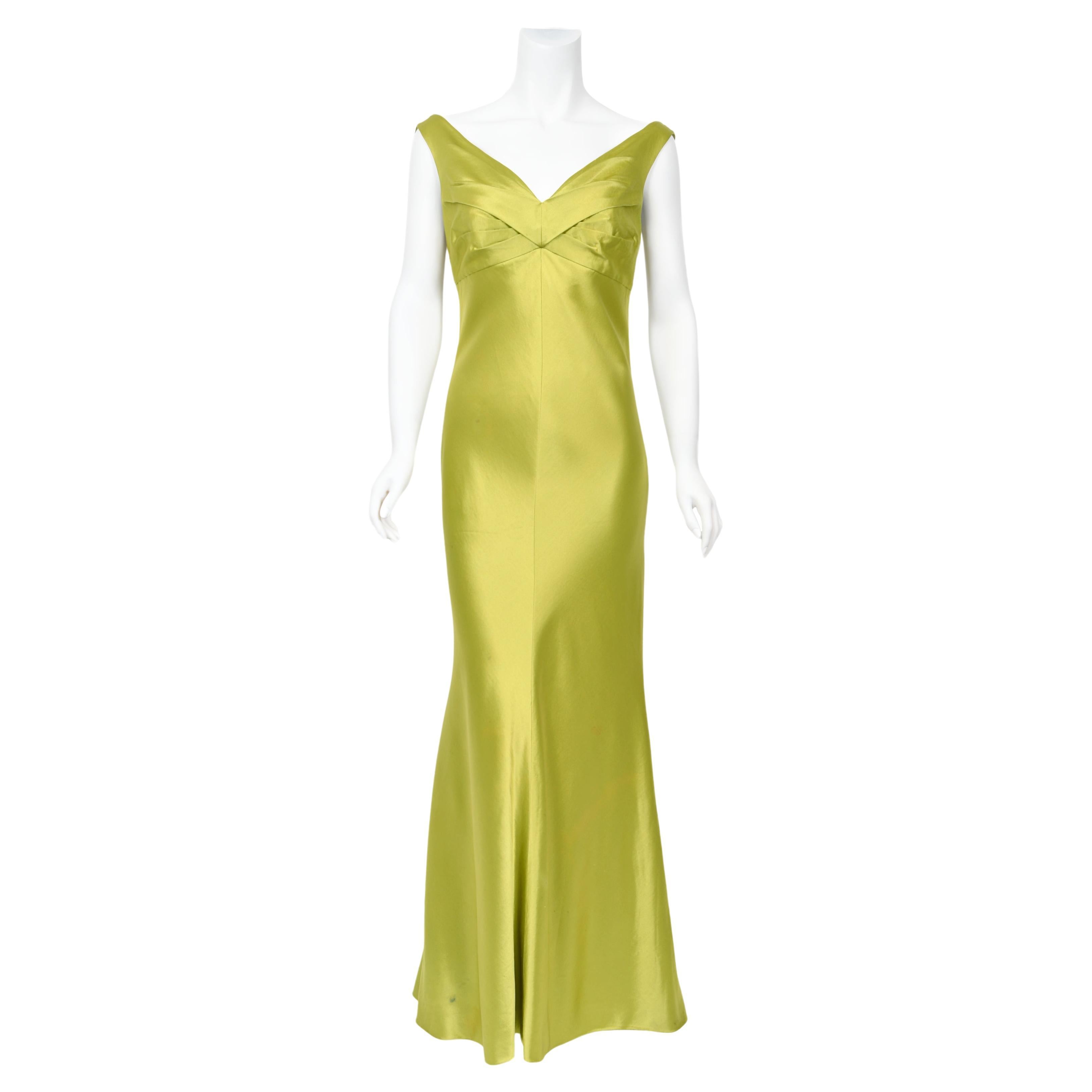 1995 Gianni Versace Couture Documented Runway Chartreuse Silk Off-Shoulder Gown For Sale