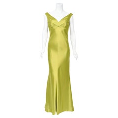 Used 1995 Gianni Versace Couture Documented Runway Chartreuse Silk Off-Shoulder Gown