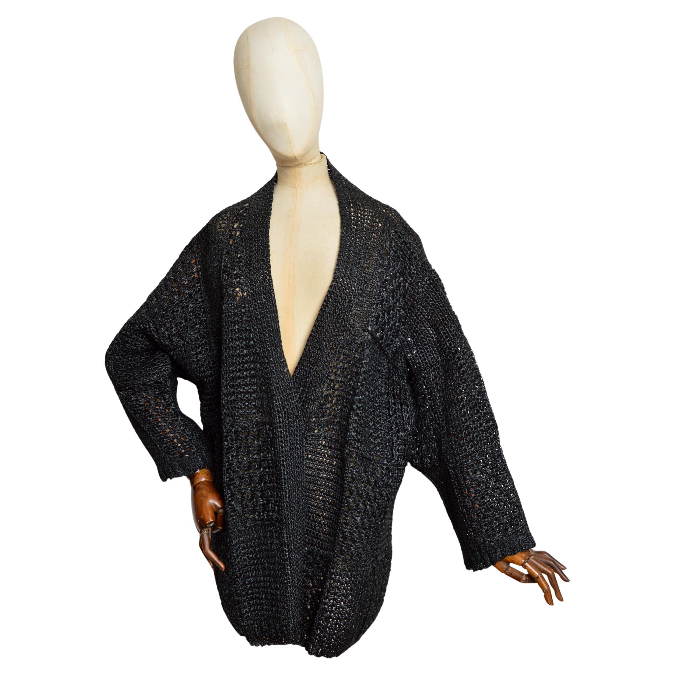 1995 Gucci by Tom Ford Black Raffia Bohemian Crochet Open Kaftan Jacket