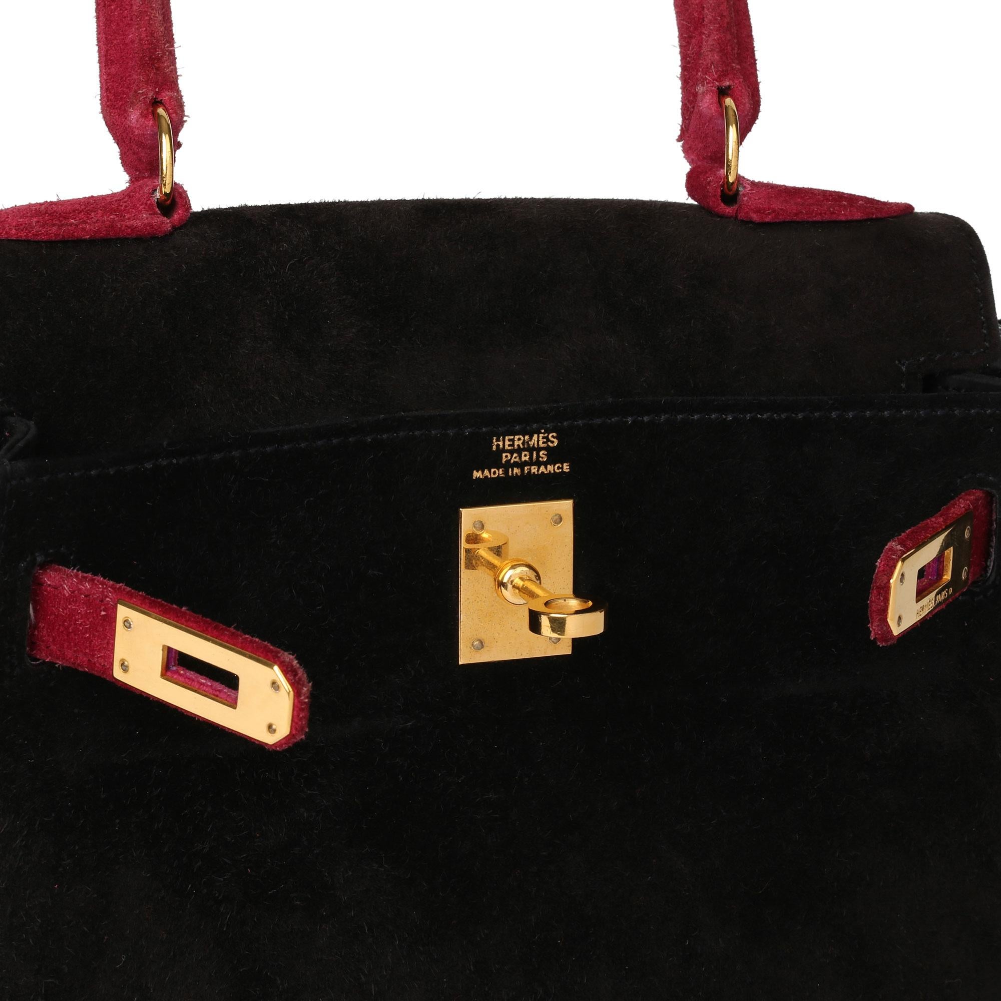 Women's 1995 Hermes Framboise & Black Veau Doblis Suede Vintage Kelly 20cm Sellier