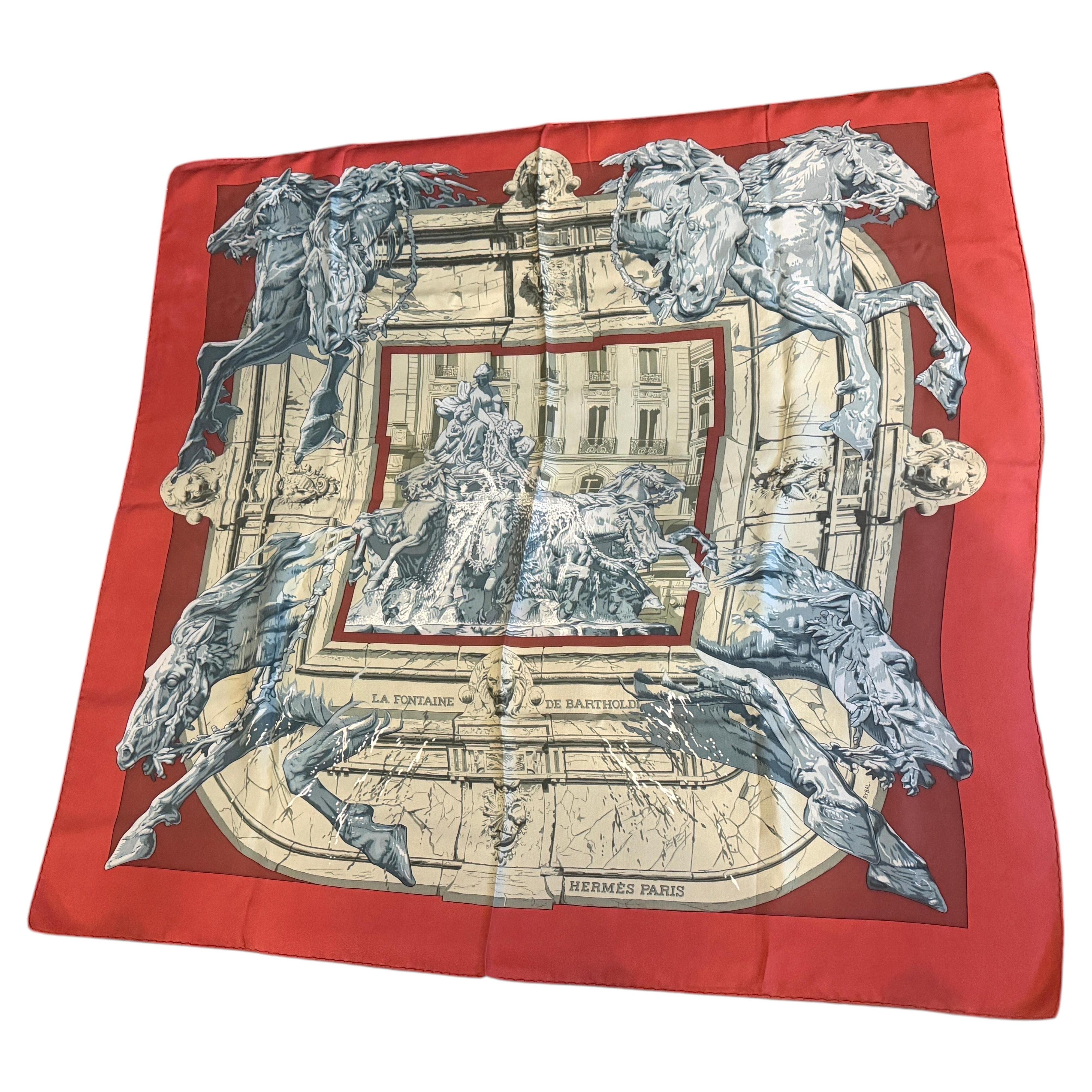 1995 Hermes Silk Carrè Scarf La Fontaine de Bartholdi For Sale