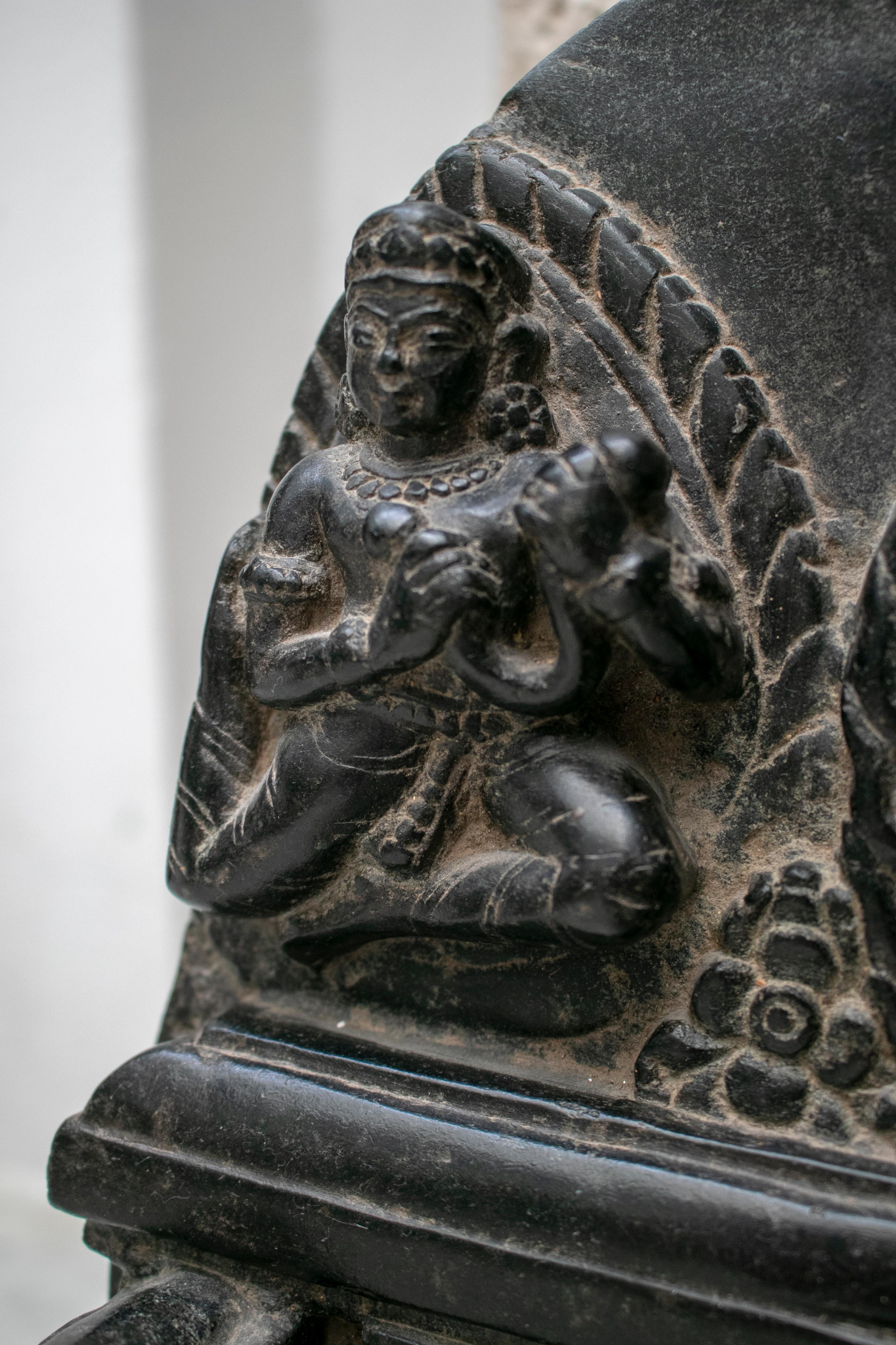 1995 Indian Black Marble Hand Carved Sitting Buddha Statue 4