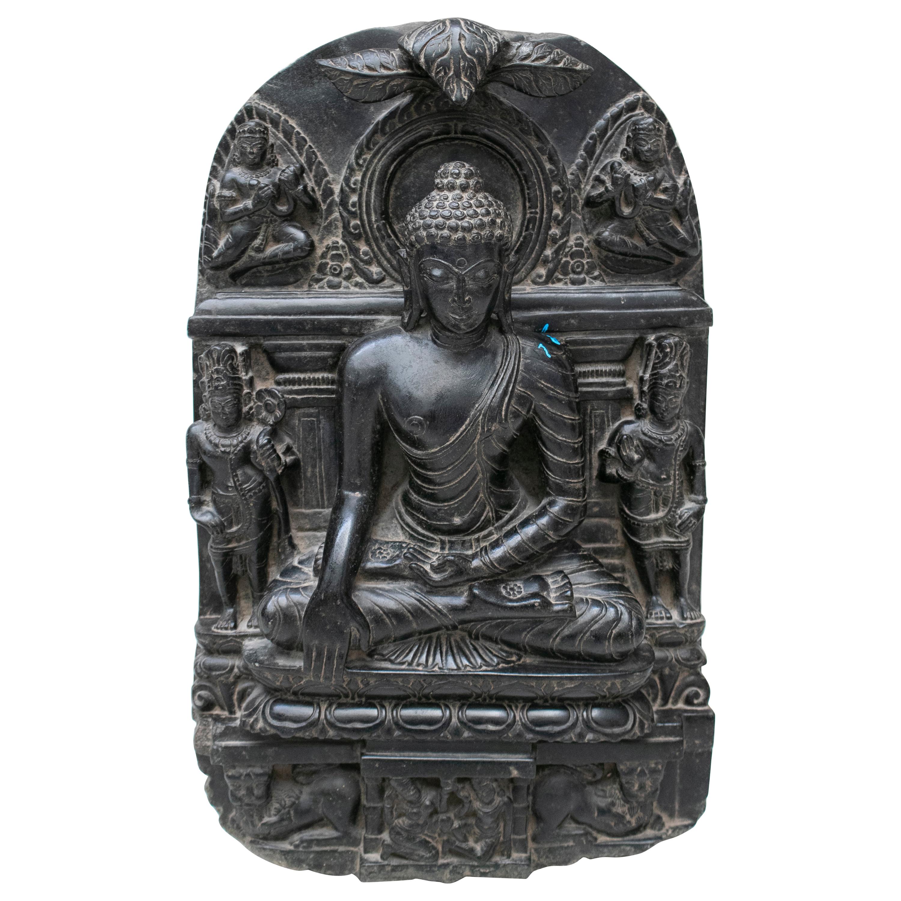 1995 Indian Black Marble Hand Carved Sitting Buddha Statue
