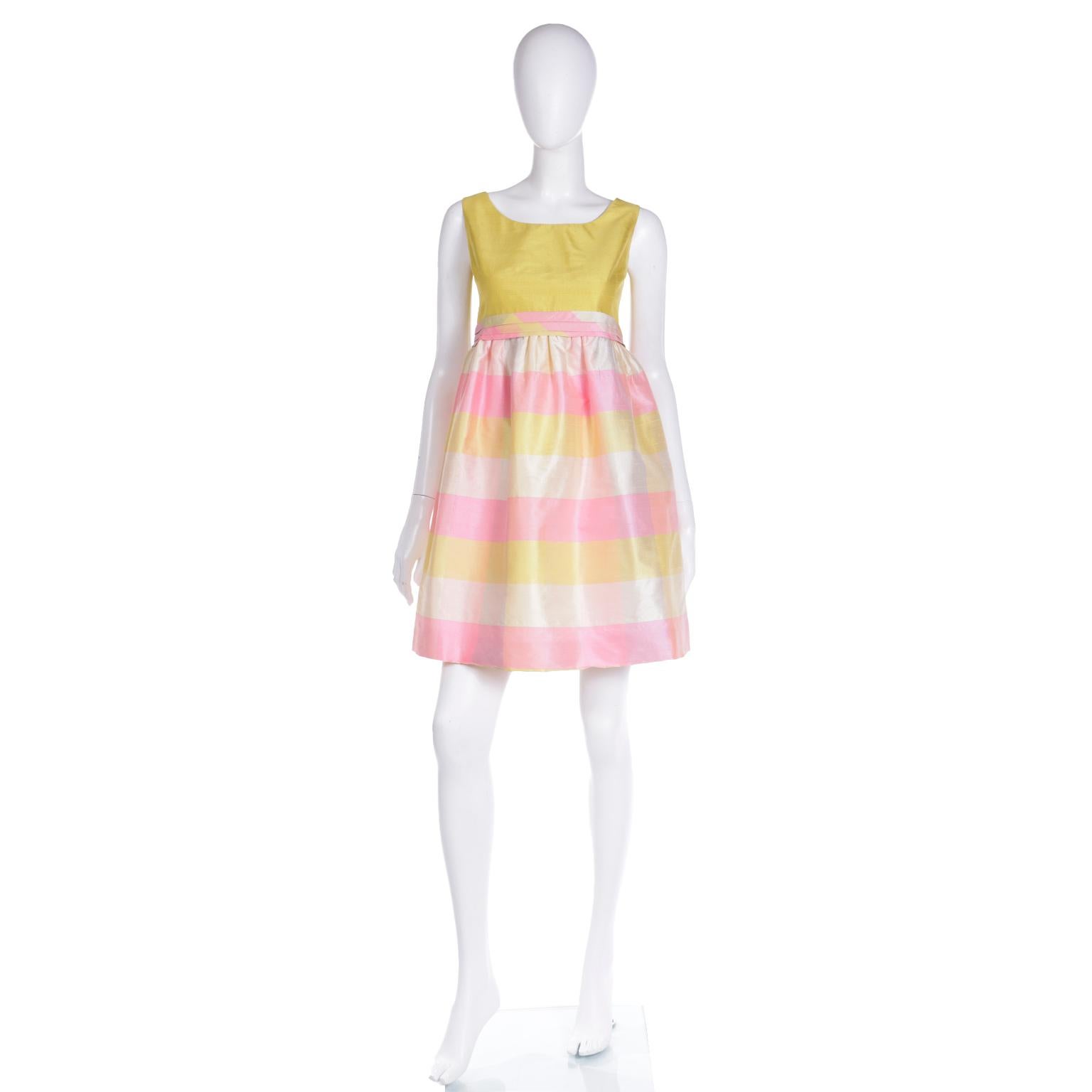 Beige 1995 Isaac Mizrahi Pastel Madras Plaid Pink Blue Yellow Silk Dress For Sale