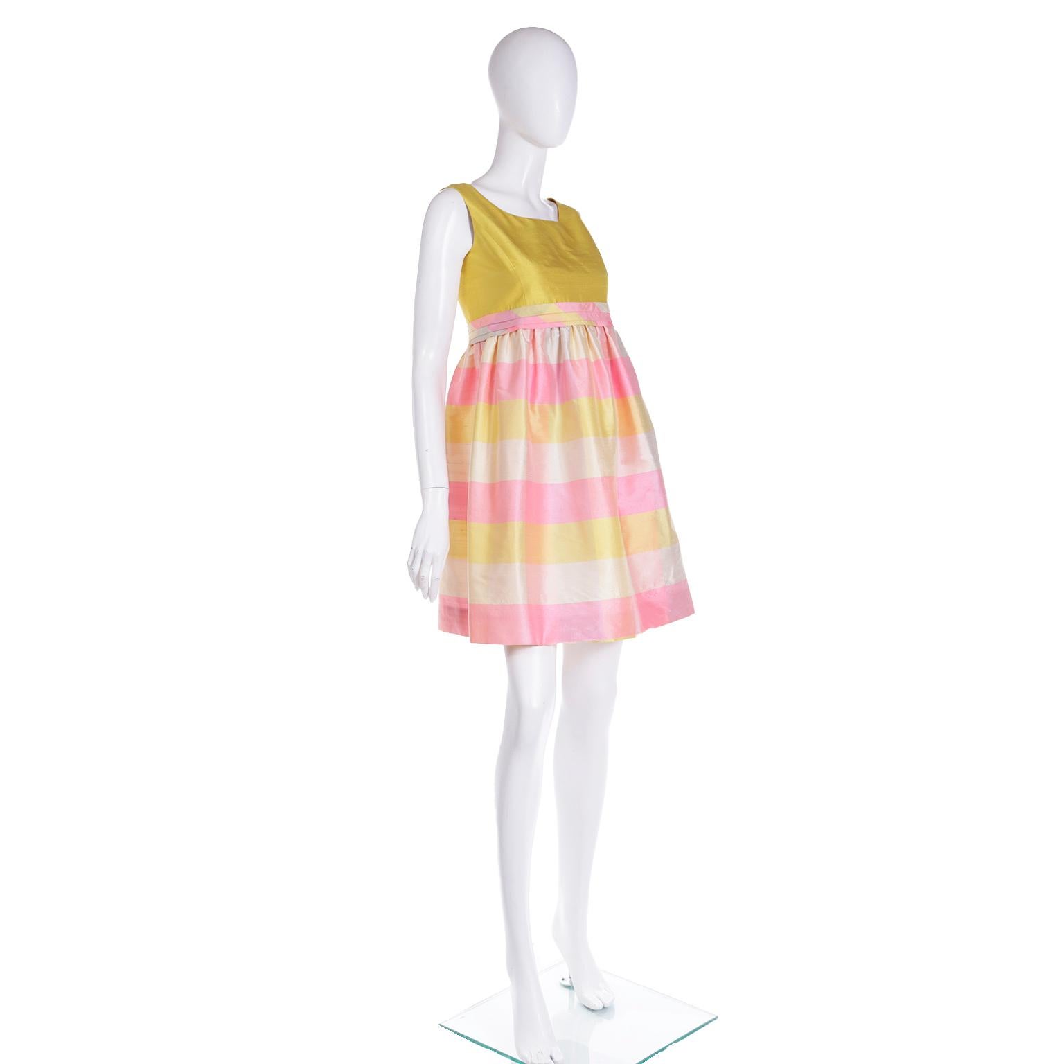 1995 Isaac Mizrahi Pastel Madras Plaid Pink Blue Yellow Silk Dress In Excellent Condition For Sale In Portland, OR