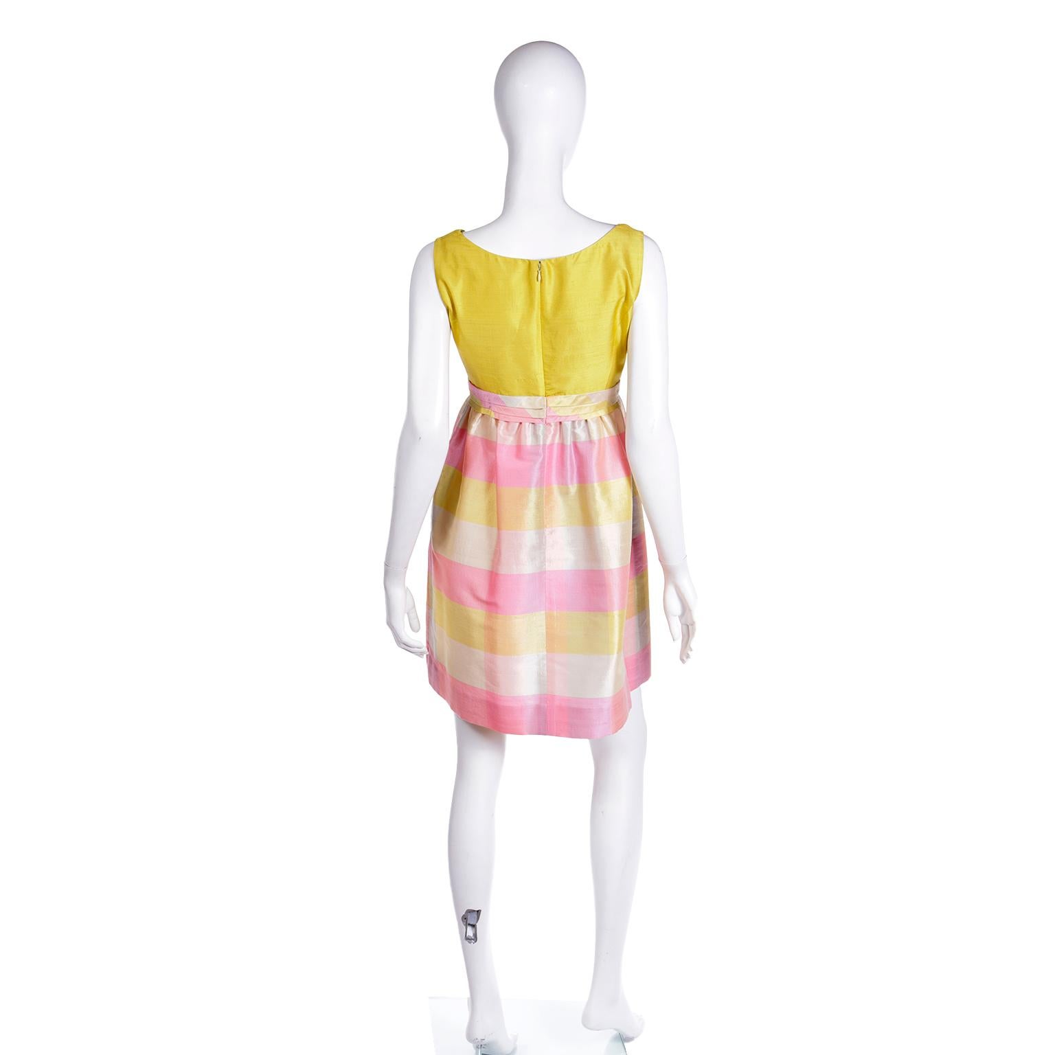 Women's 1995 Isaac Mizrahi Pastel Madras Plaid Pink Blue Yellow Silk Dress For Sale