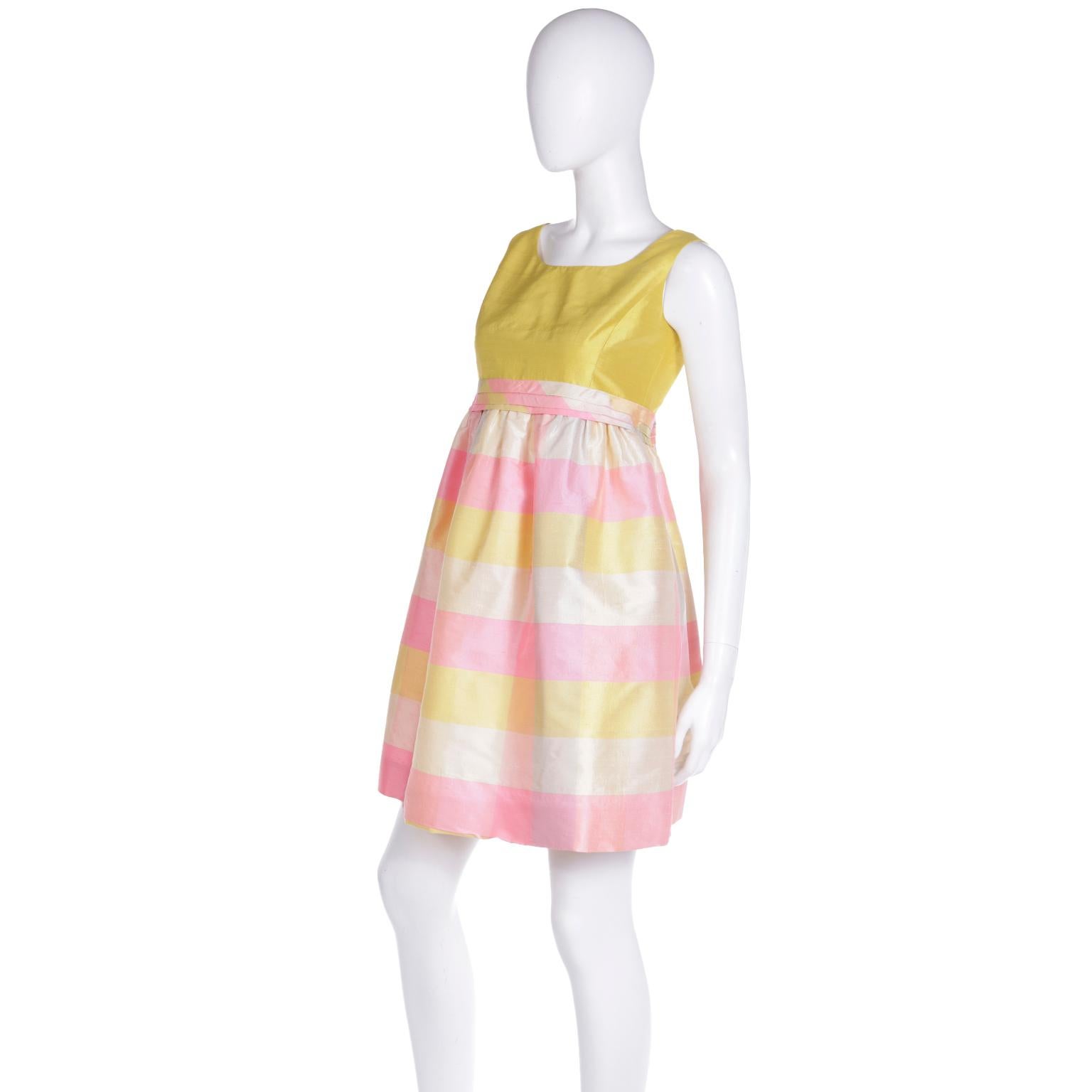 1995 Isaac Mizrahi Pastel Madras Plaid Pink Blue Yellow Silk Dress For Sale 1