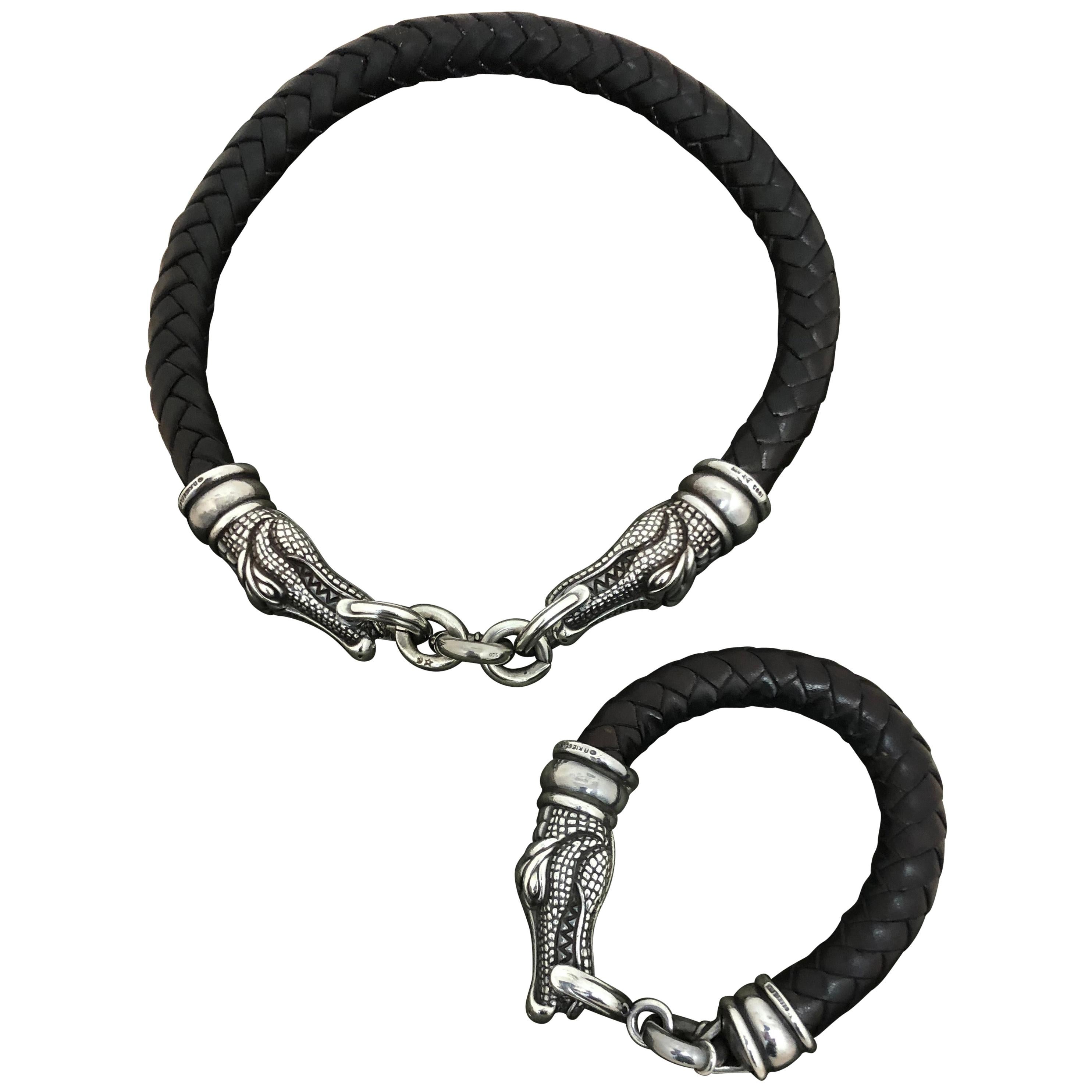 1995 Kieselstein-Cord Sterling Silver and Braided Leather Choker/Bracelet Set S