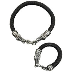 1995 Kieselstein-Cord Sterling Silber und geflochtenes Leder Halsband/Armband Set S