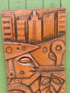 1995 Luis Potosi Abstract Carved Wood Panel Sculpture Plaque Ecuador Artist BIG!