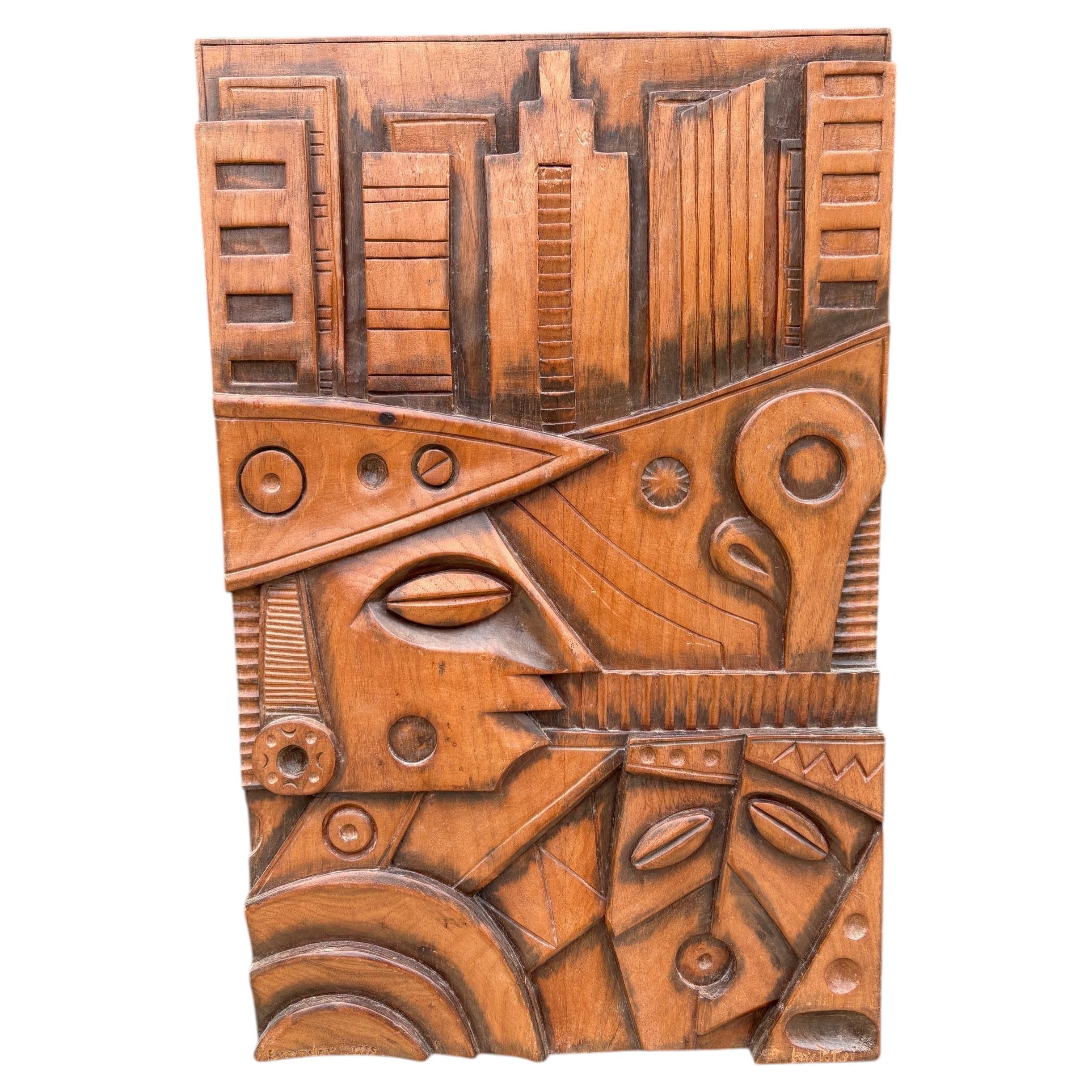 1995 Luis Potosi Abstract Carved Wood Panel Sculpture Plaque Ecuador Artist BIG!