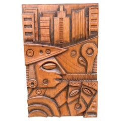 1995 Luis Potosi Abstract Carved Wood Panel Sculpture Plaque Ecuador Artist BIG!