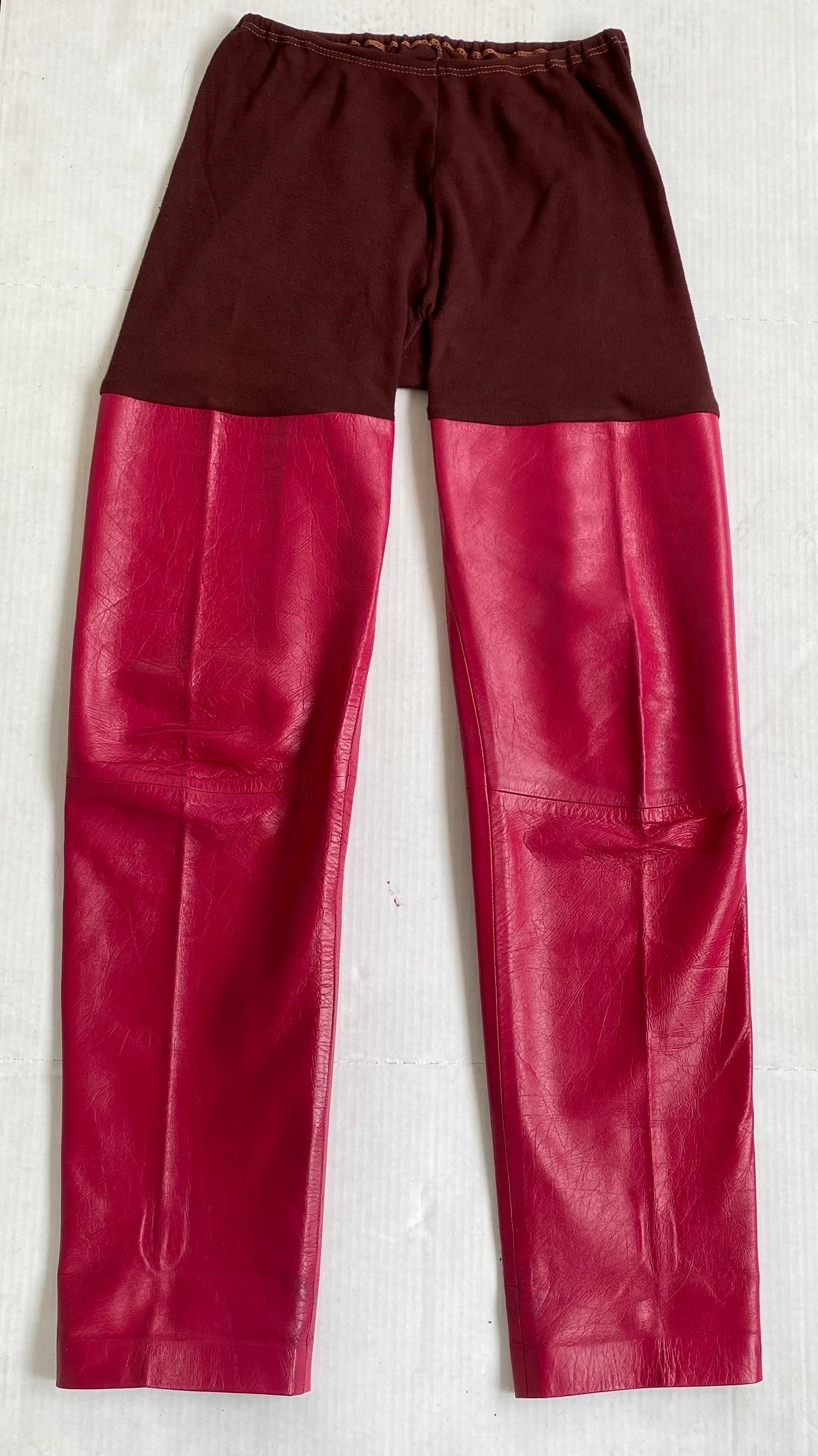 Leather and cotton pants / leggings from the 1995 runway show 
Gently worn in very good condition 
Elastic waist 
Size 42
Waist measures 24” un stretched and will stretch to 32” hips 42”  inseam 32 length 42 