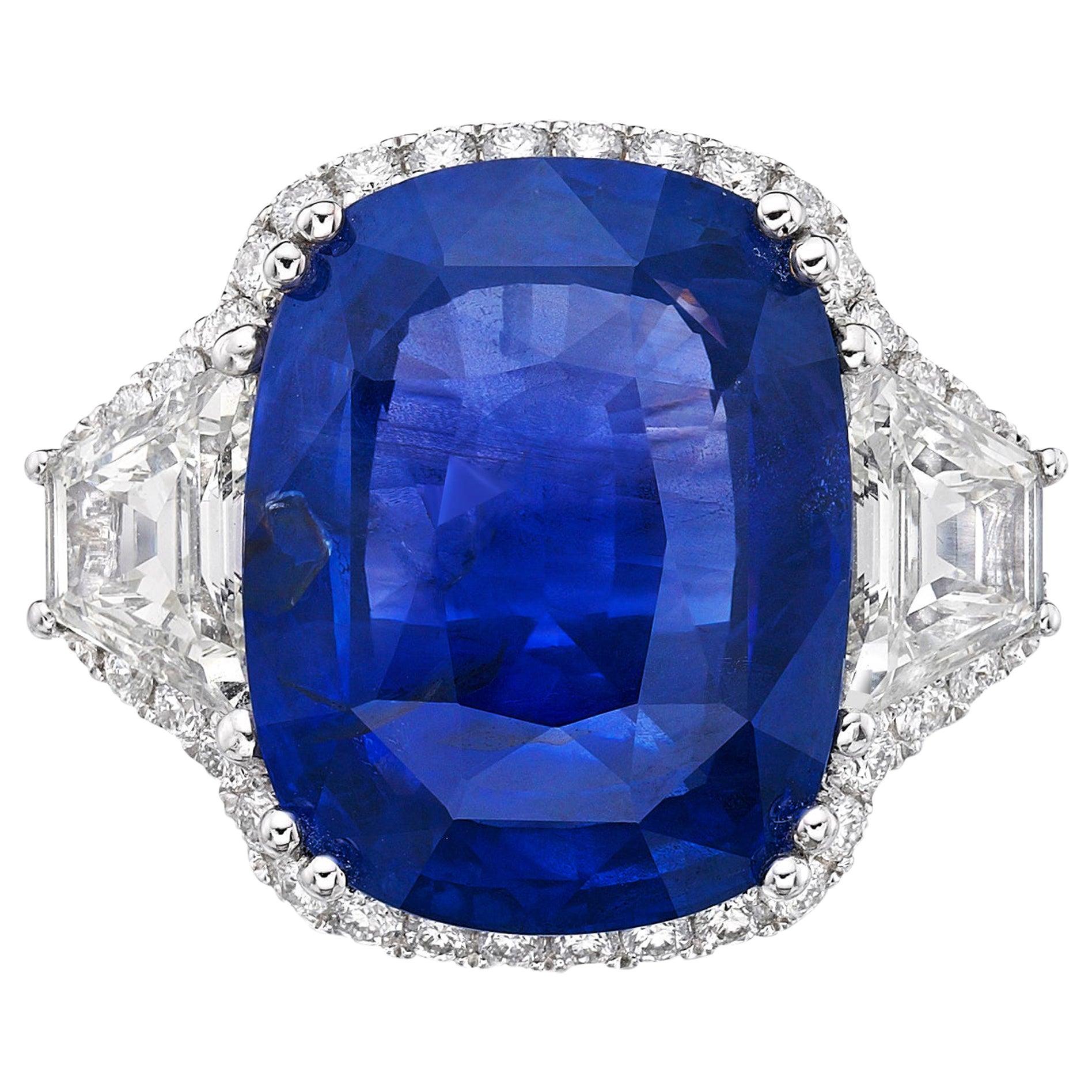 19.95 Natural Unheated Ceylon Sapphire & GRS Certified Diamond Ring, Cushion Cut