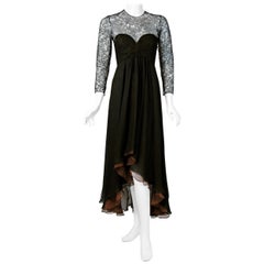 1995 Oscar de la Renta Black Lace Illusion and Mocha Silk-Chiffon Sculpted Dress