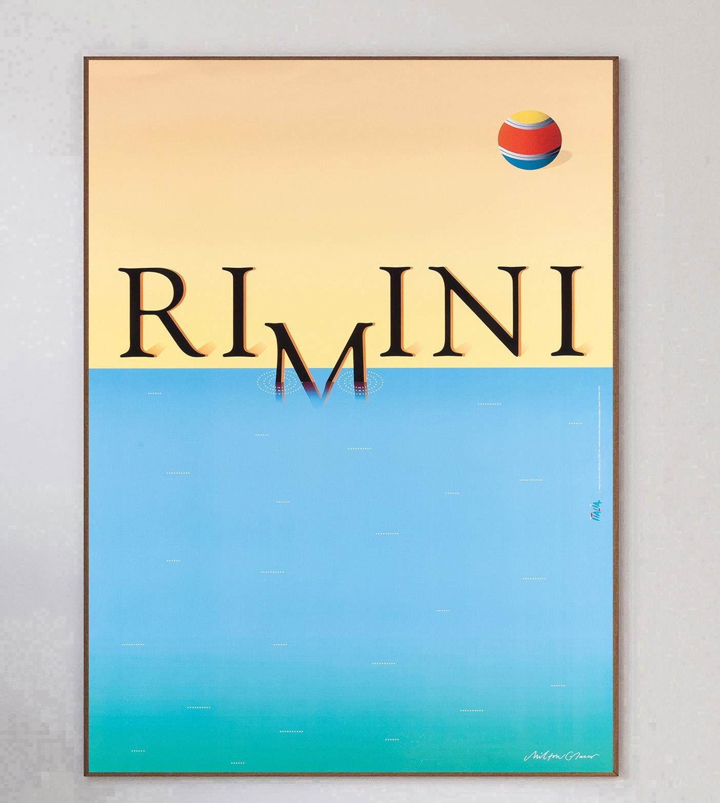 Disegnato dall'iconico graphic designer Milton Glaser, questo poster è stato creato nel 1995 per promuovere la città italiana di Rimini. La bellissima città balneare dell'Italia settentrionale è sempre molto amata dai turisti e questo splendido