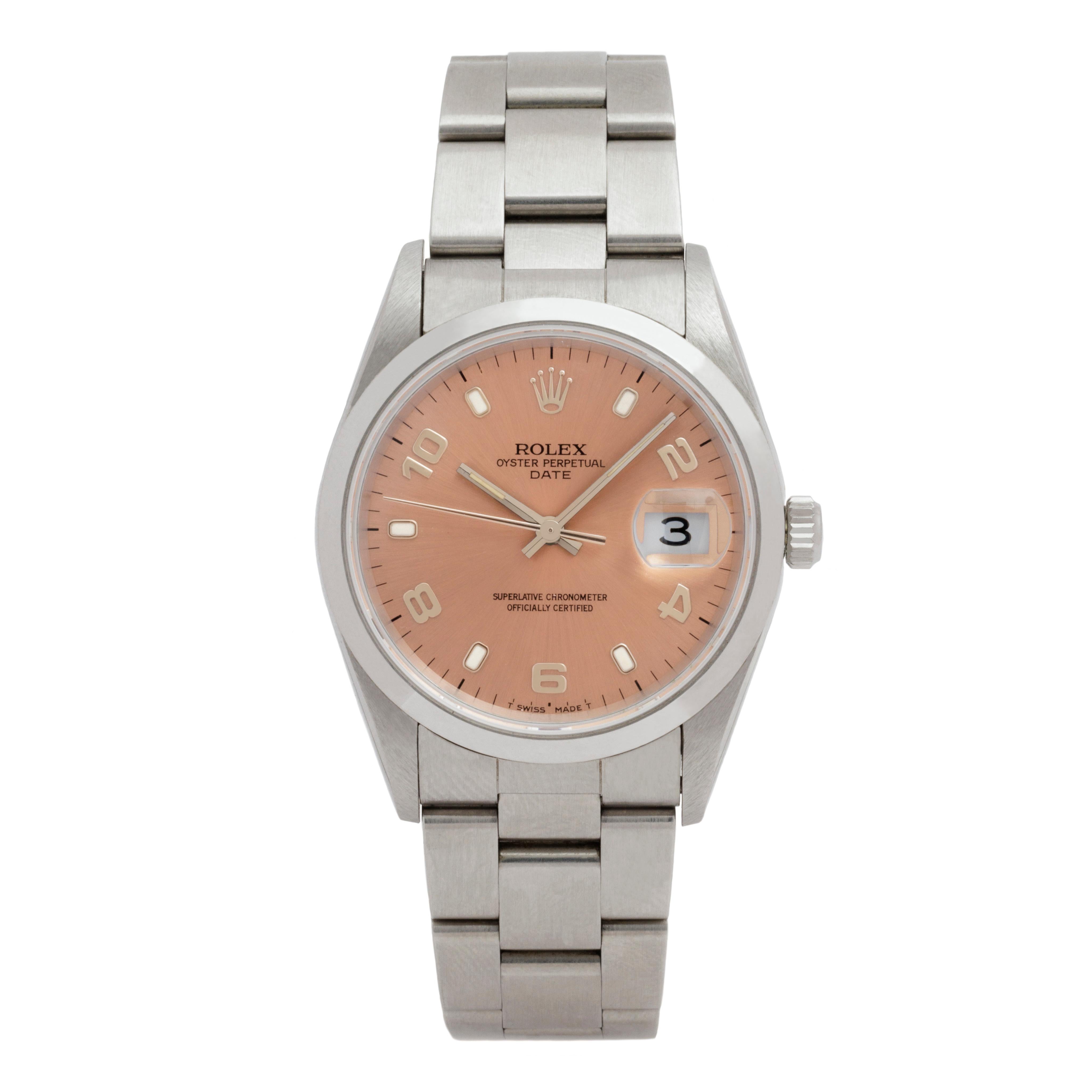 1995 Rolex Date 
Model 15200 Serial W84XXX, 
Stainless Steel
34mm Dial
Salmon Dial
Automatic Movement
Made in Switzerland

Stephanie Windsor guarantees the proper functioning of this watch mechanism for ONE year from the purchase date. Our watches