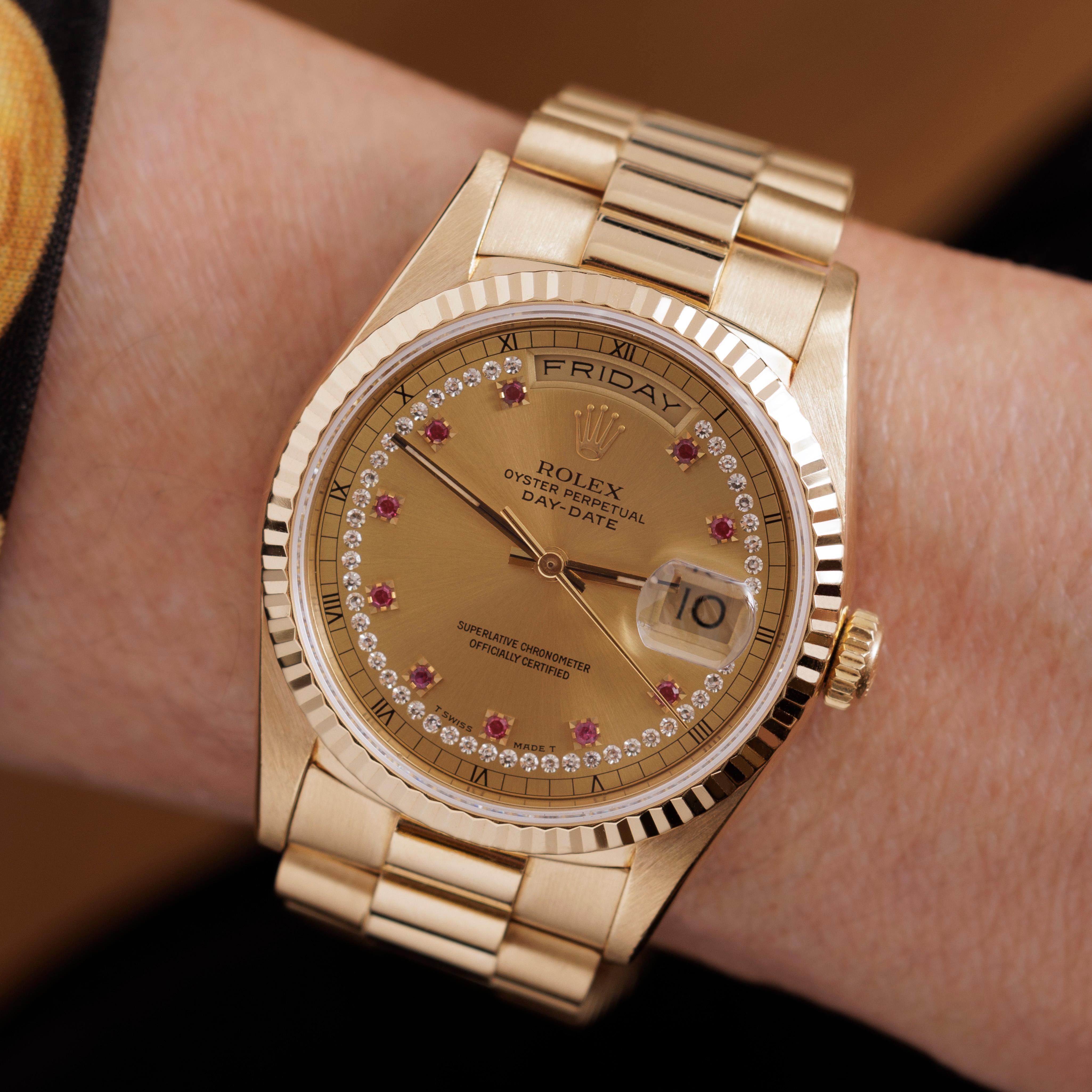 1999 Rolex Day-Date President 18 Karat 36mm Ruby Diamond String Box & Papers For Sale 4