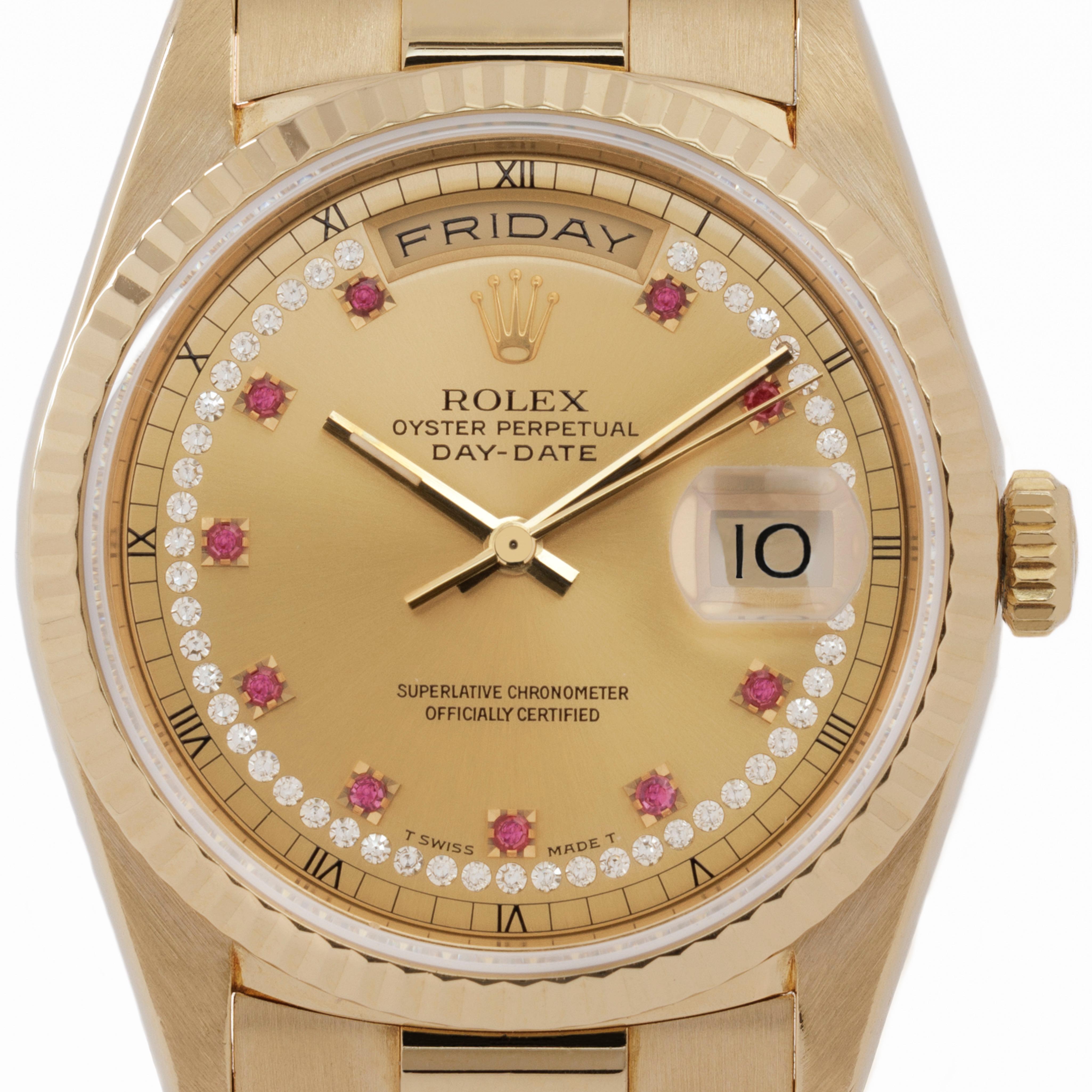 Moderne Boîte et papiers du président Rolex Day-Date, rubis et diamants 18 carats 36 mm, 1999 en vente