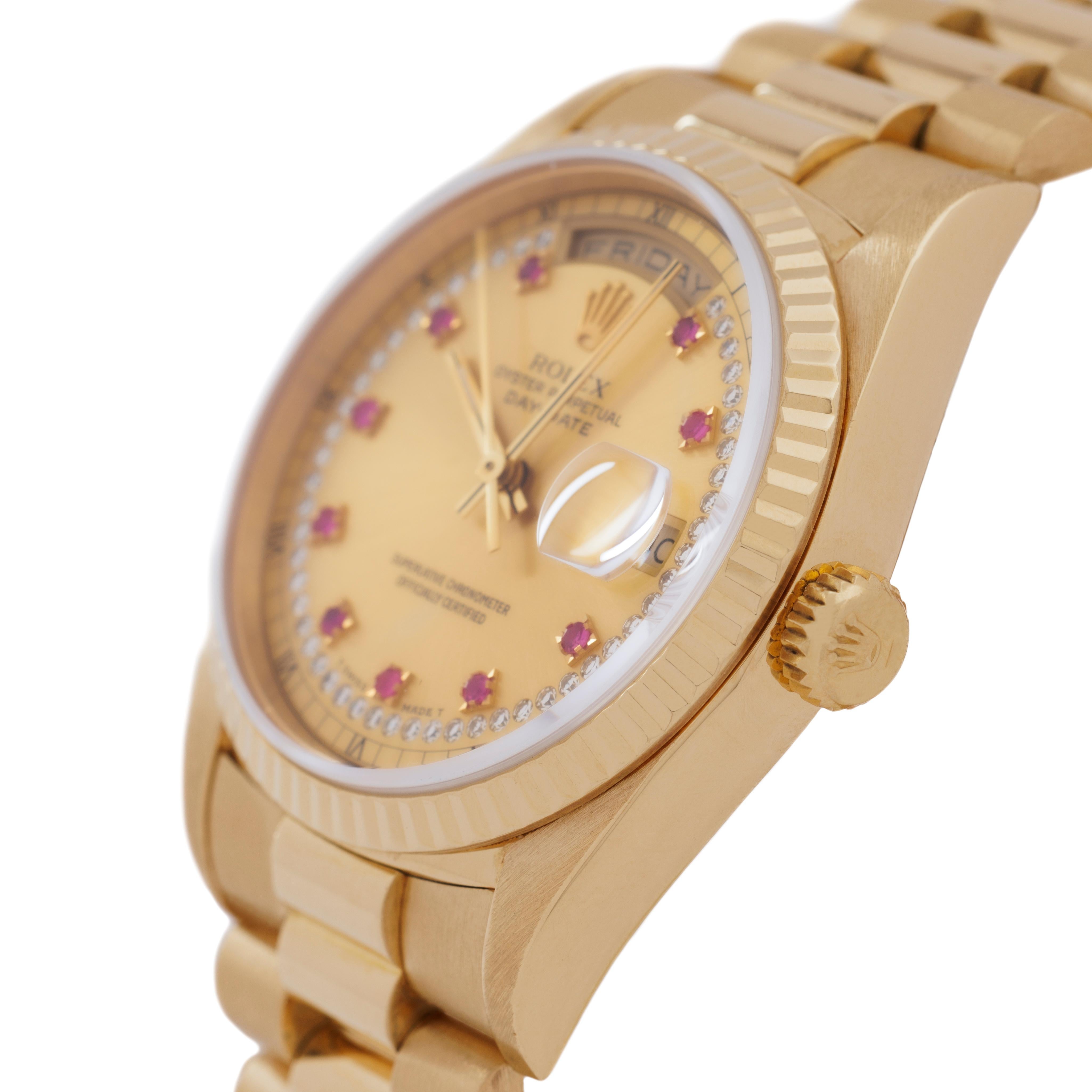 Brilliant Cut 1999 Rolex Day-Date President 18 Karat 36mm Ruby Diamond String Box & Papers For Sale