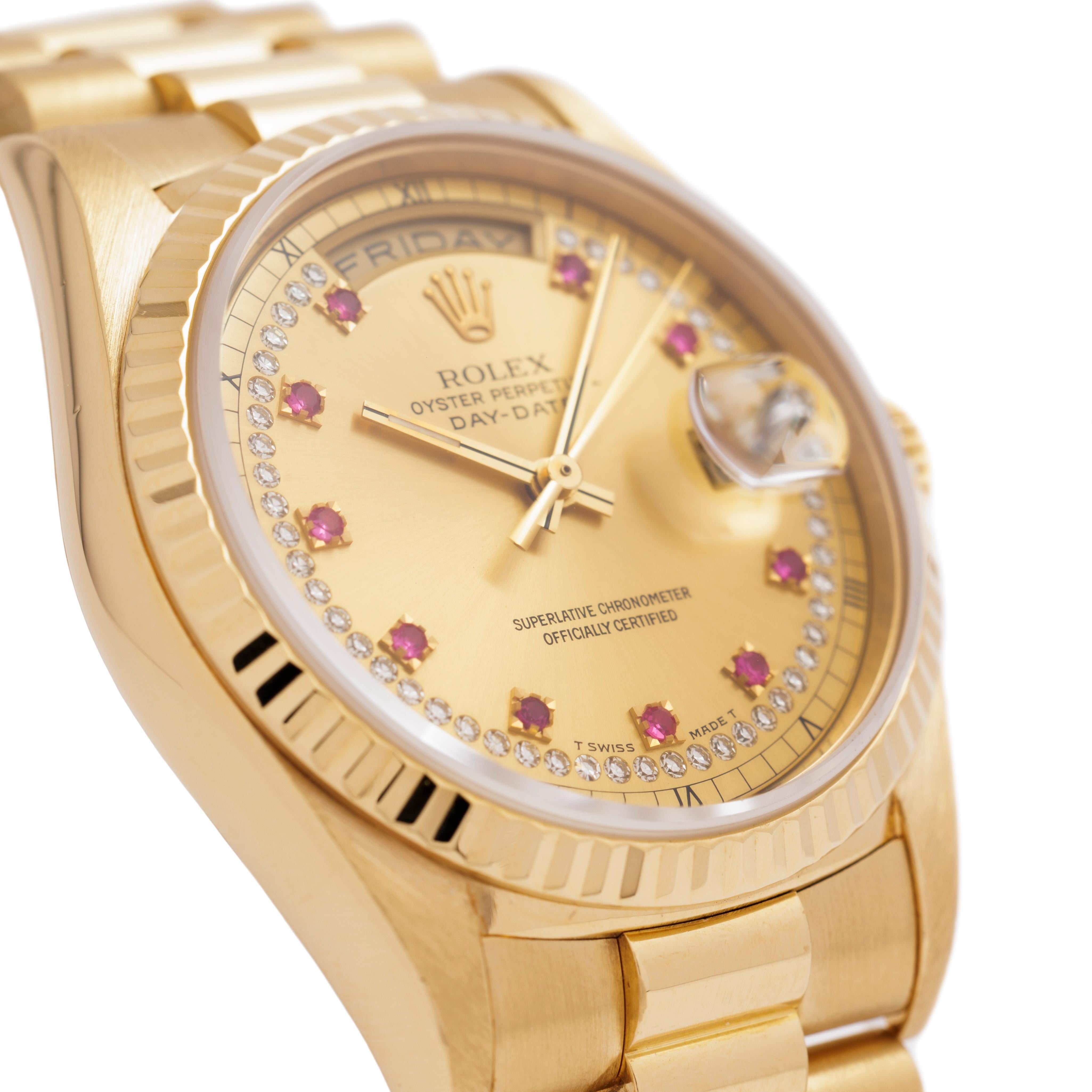 Modern 1999 Rolex Day-Date President 18 Karat 36mm Ruby Diamond String Box & Papers For Sale