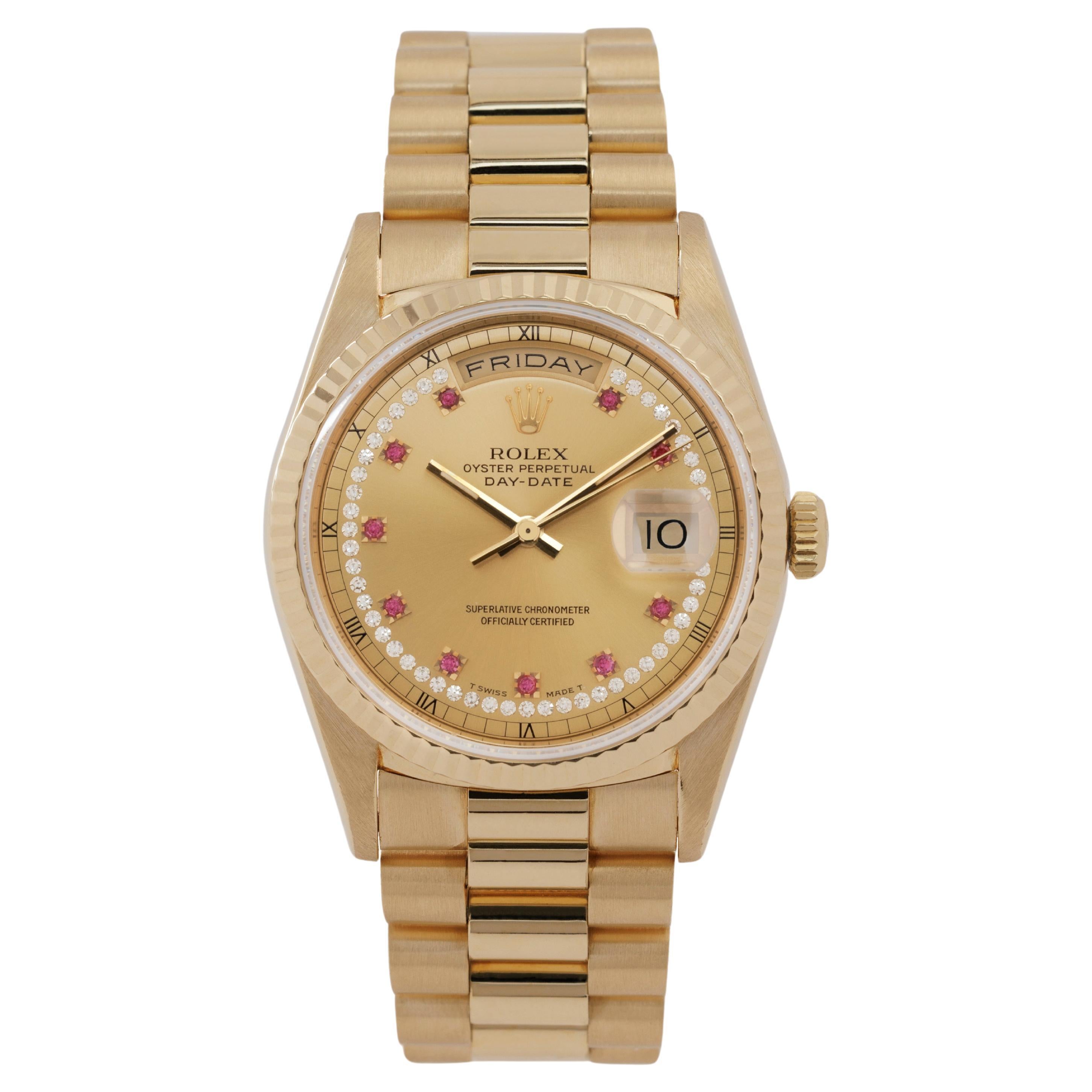 1999 Rolex Day-Date President 18 Karat 36mm Ruby Diamond String Box & Papers For Sale