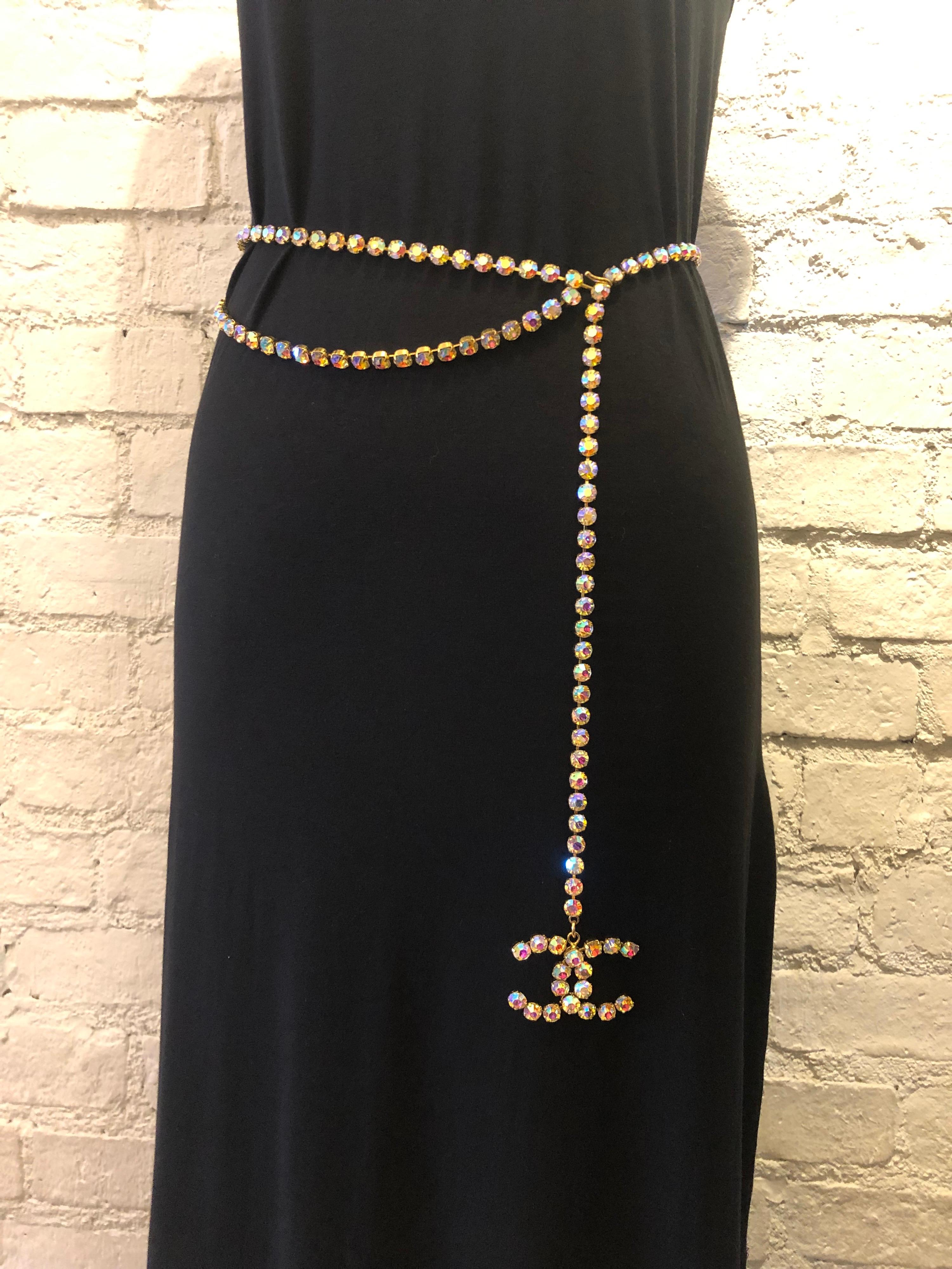 Beige 1995 Vintage Runway Chanel Iridescent Rhinestone CC Chain Belt Necklace