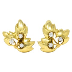 1995 Tiffany & Co. 0.65 Carat Diamond 18 Karat Gold Leaf Ear-Clip Earrings