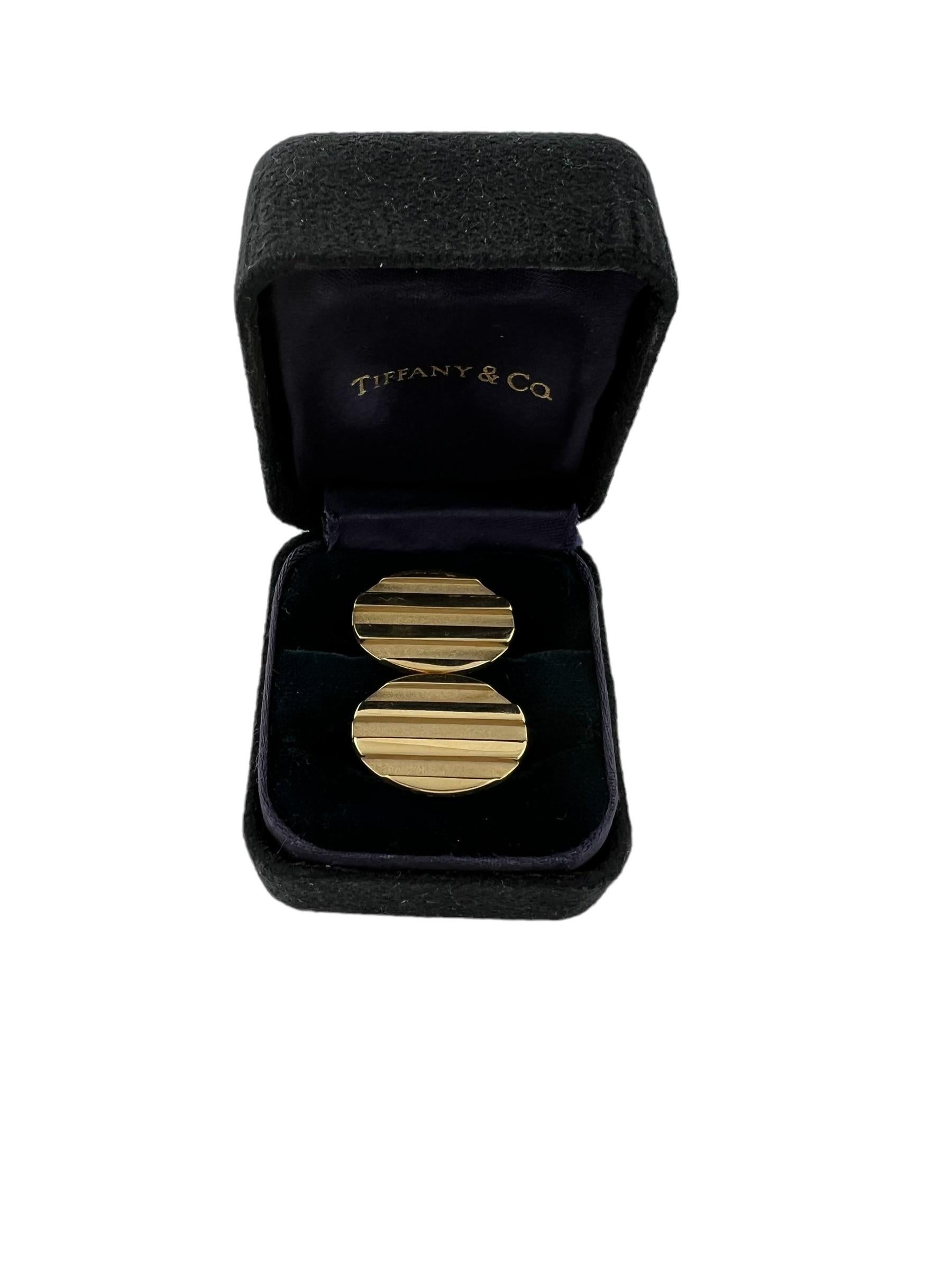 1995 Tiffany & Co. 18k Yellow Gold Oval Striped Cufflinks with Box For Sale 5