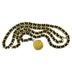 1995 Vintage CHANEL Gold Toned Black Leather Chain Belt 95A