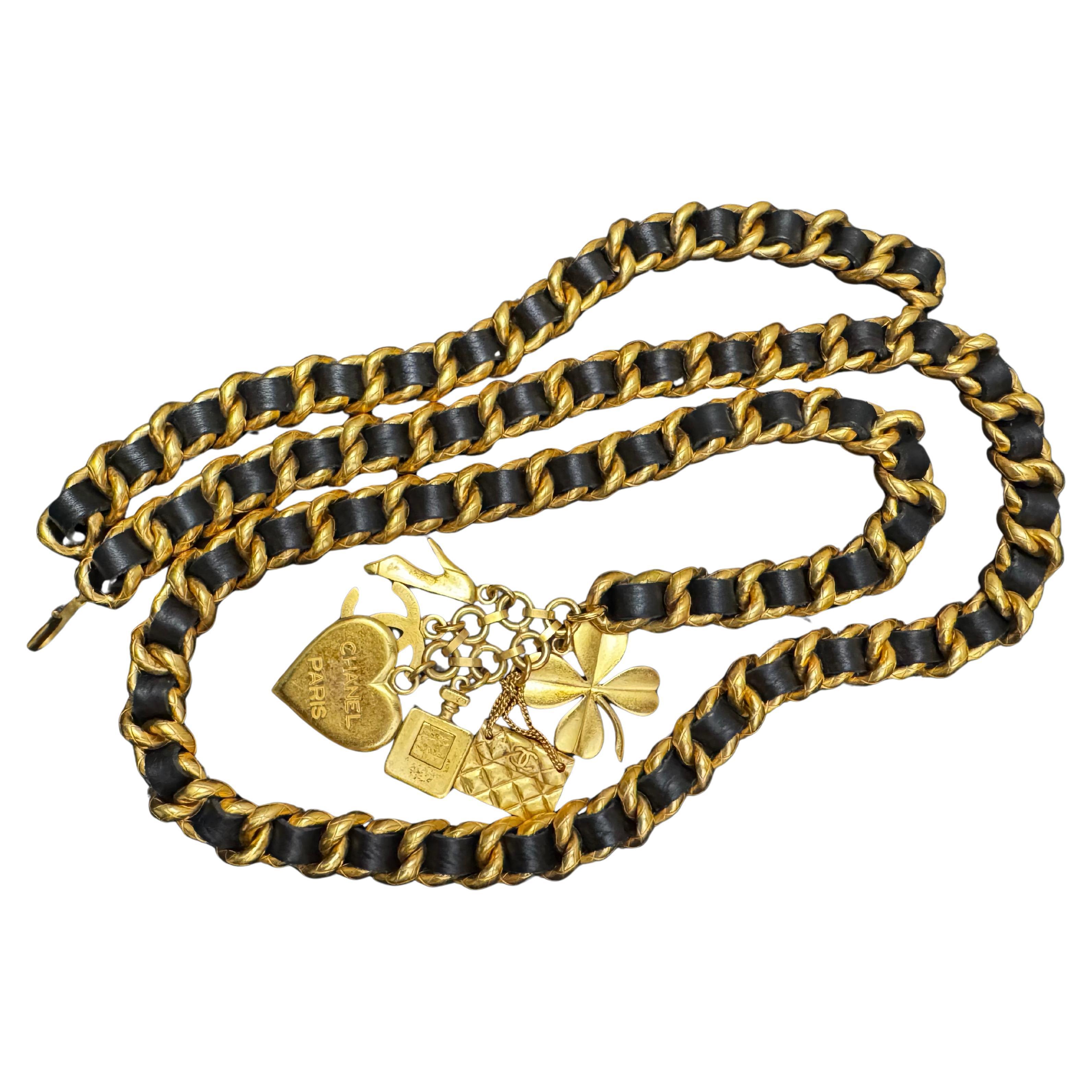 1995 Vintage CHANEL Gold Toned Chain Leather Charm Belt Heart Clover Perfume For Sale 1