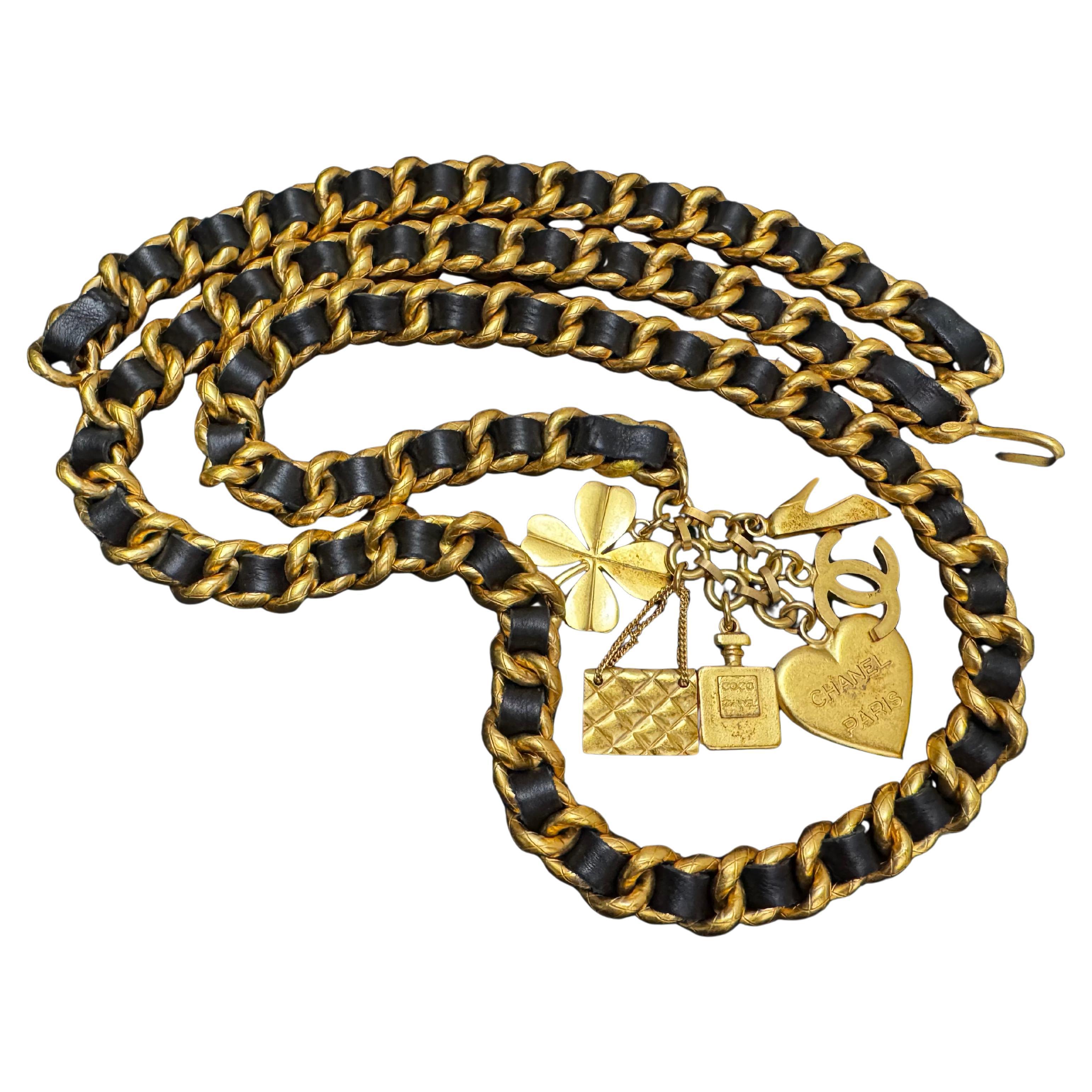 1995 Vintage CHANEL Gold Toned Chain Leather Charm Belt Heart Clover Perfume For Sale 2