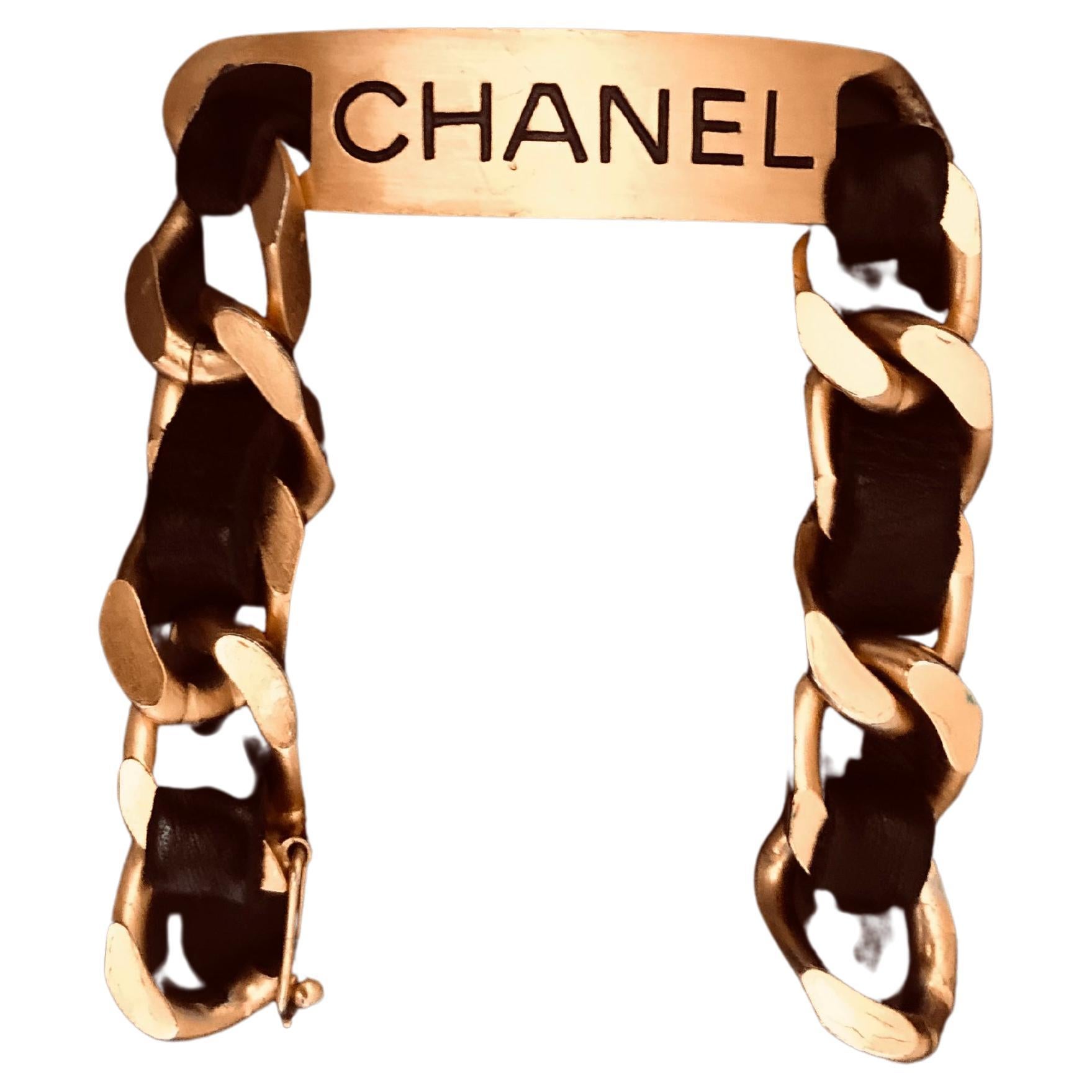 Vintage CHANEL Gold Toned Leather Chain Link Bracelet Unisex Mens  For Sale